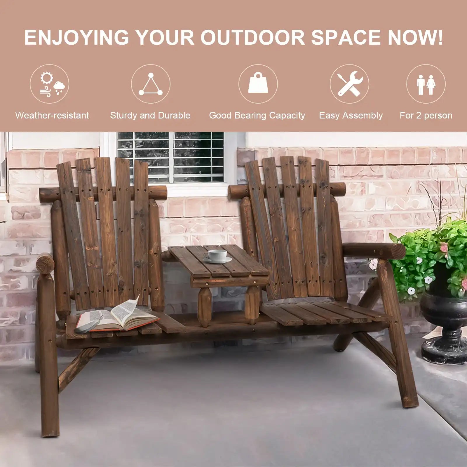 Outsunny 2-Seat Wooden Adirondack Chair with Table, Outdoor Loveseat, Carbonized - Best Buy Furniture