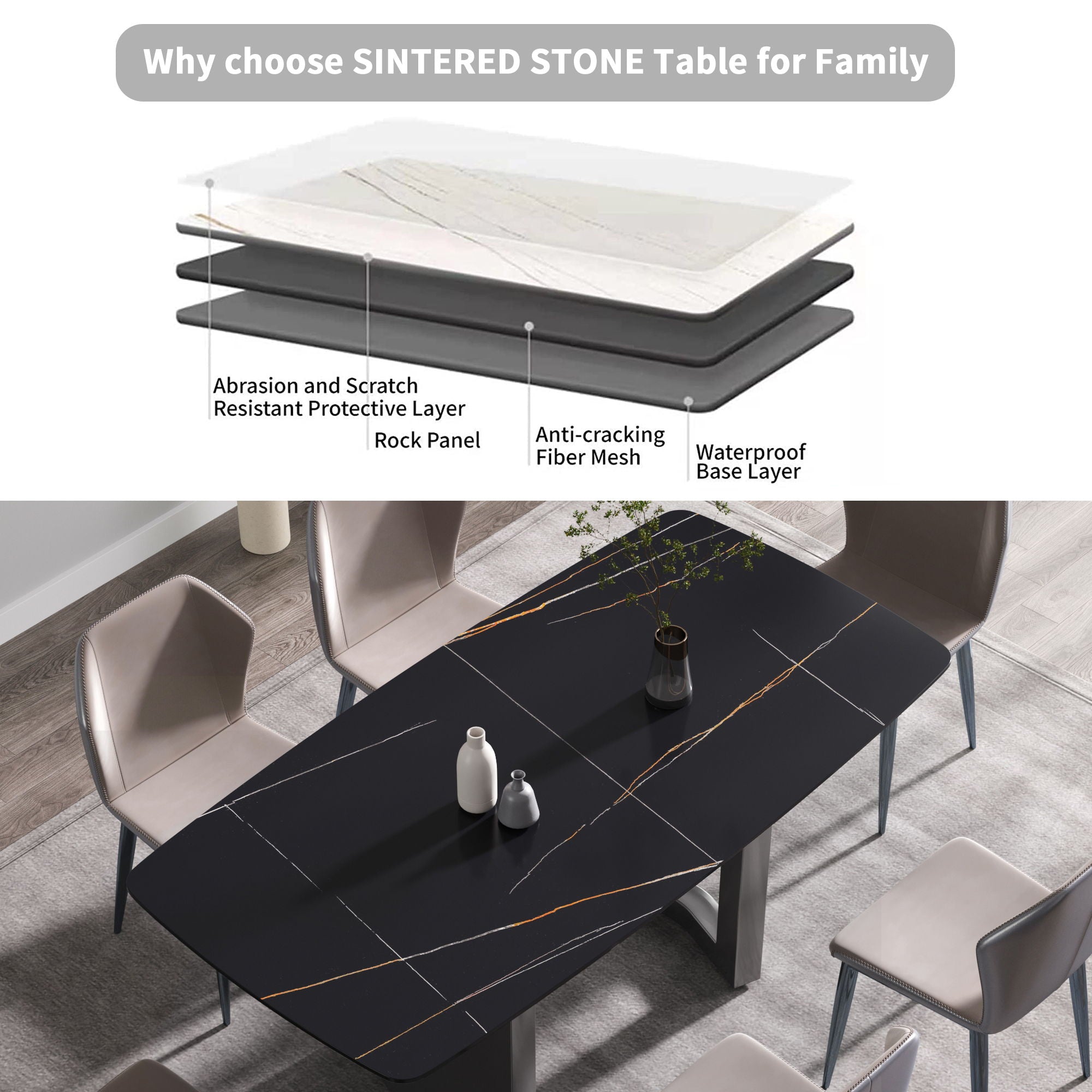Modern Artificial Stone Dining Table, Can Accommodate 6-8 People - Black - Best Buy Furniture