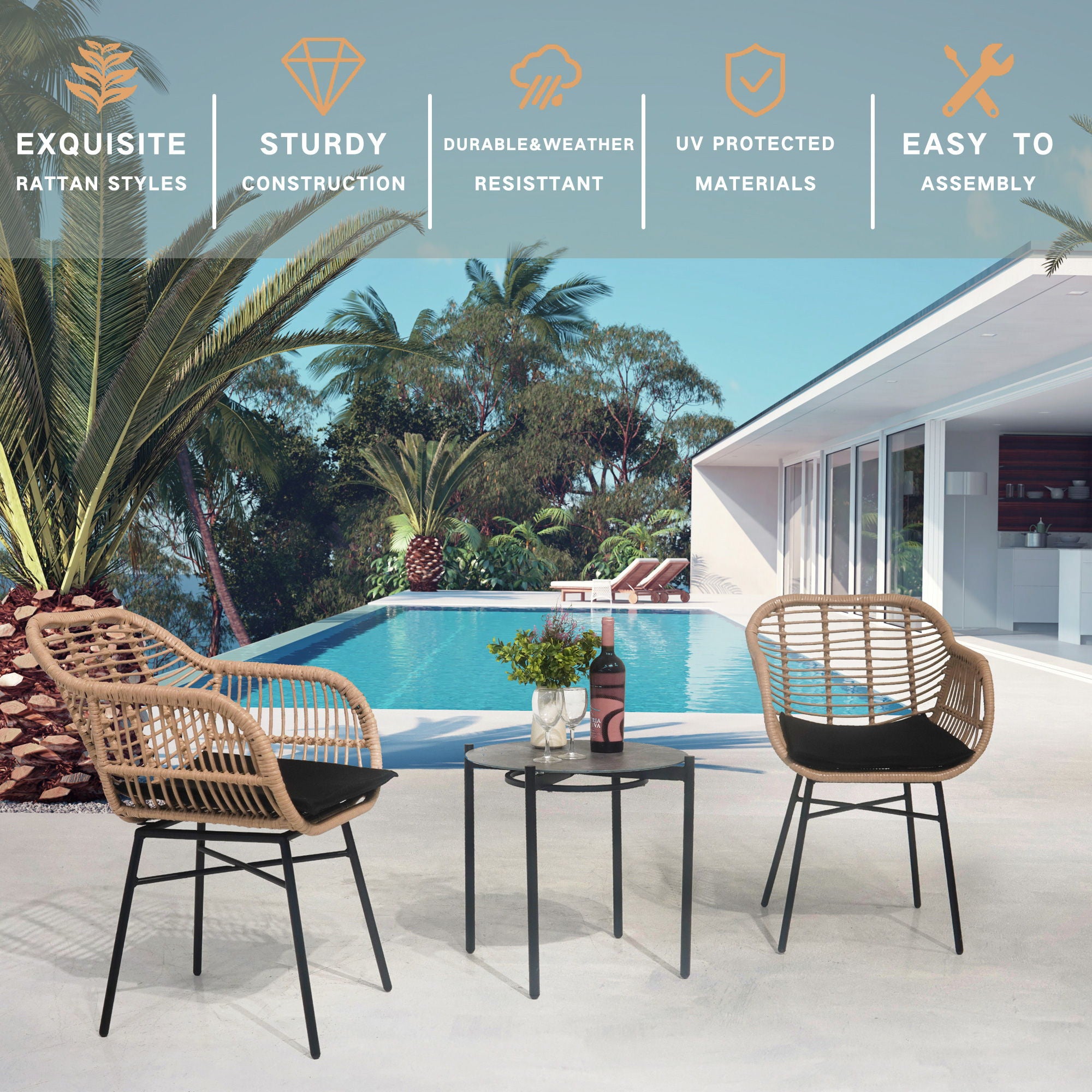 3 Pieces Of Luxury Outdoor Wicker Furniture, Patio Bistro Style Table And Chair Combination, Weather Resistant PE Wicker Weave, Suitable For Garden - Black / Natural - Best Buy Furniture