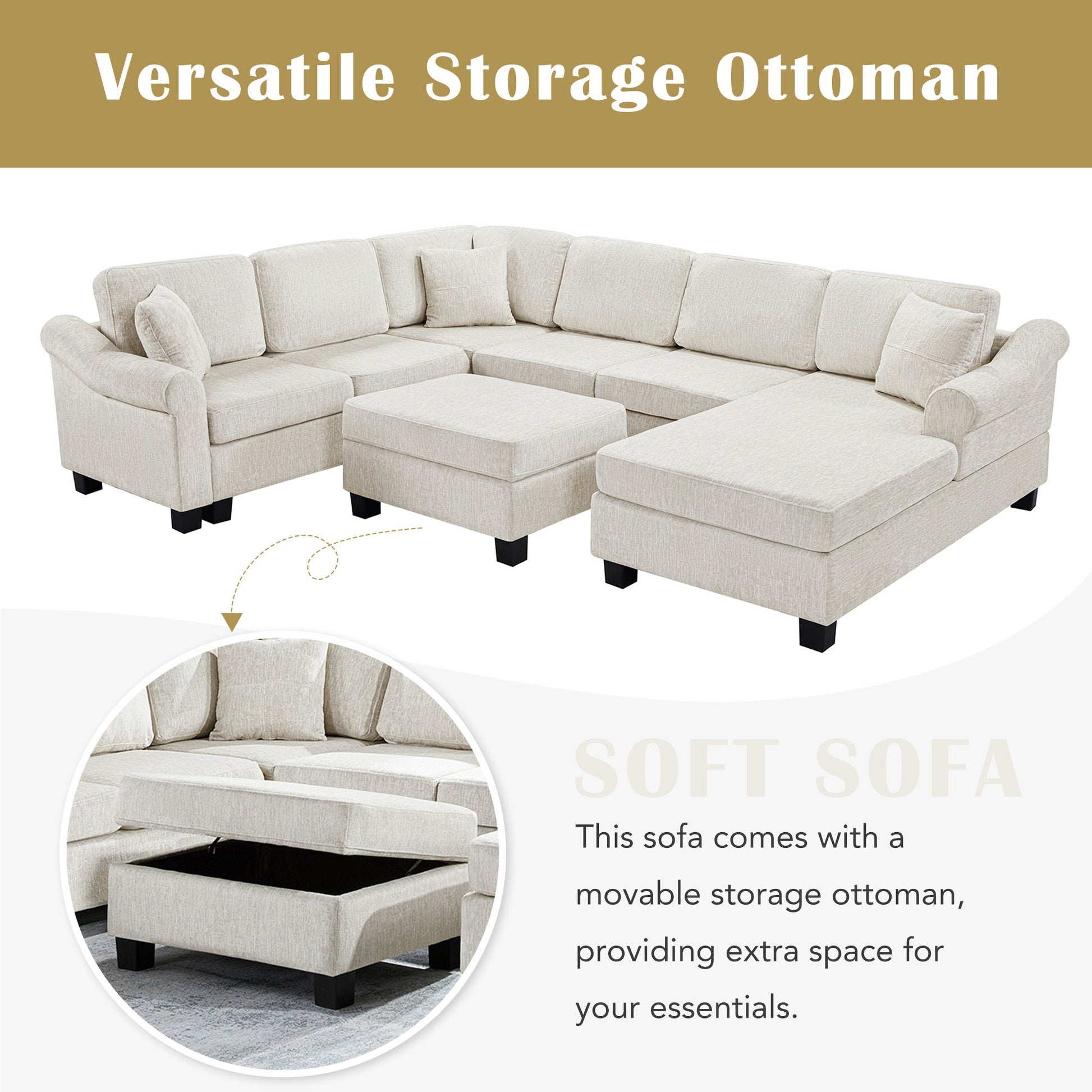 Contemporary U - Shaped Sectional Sofa With Movable Storage Ottoman - Best Buy Furniture