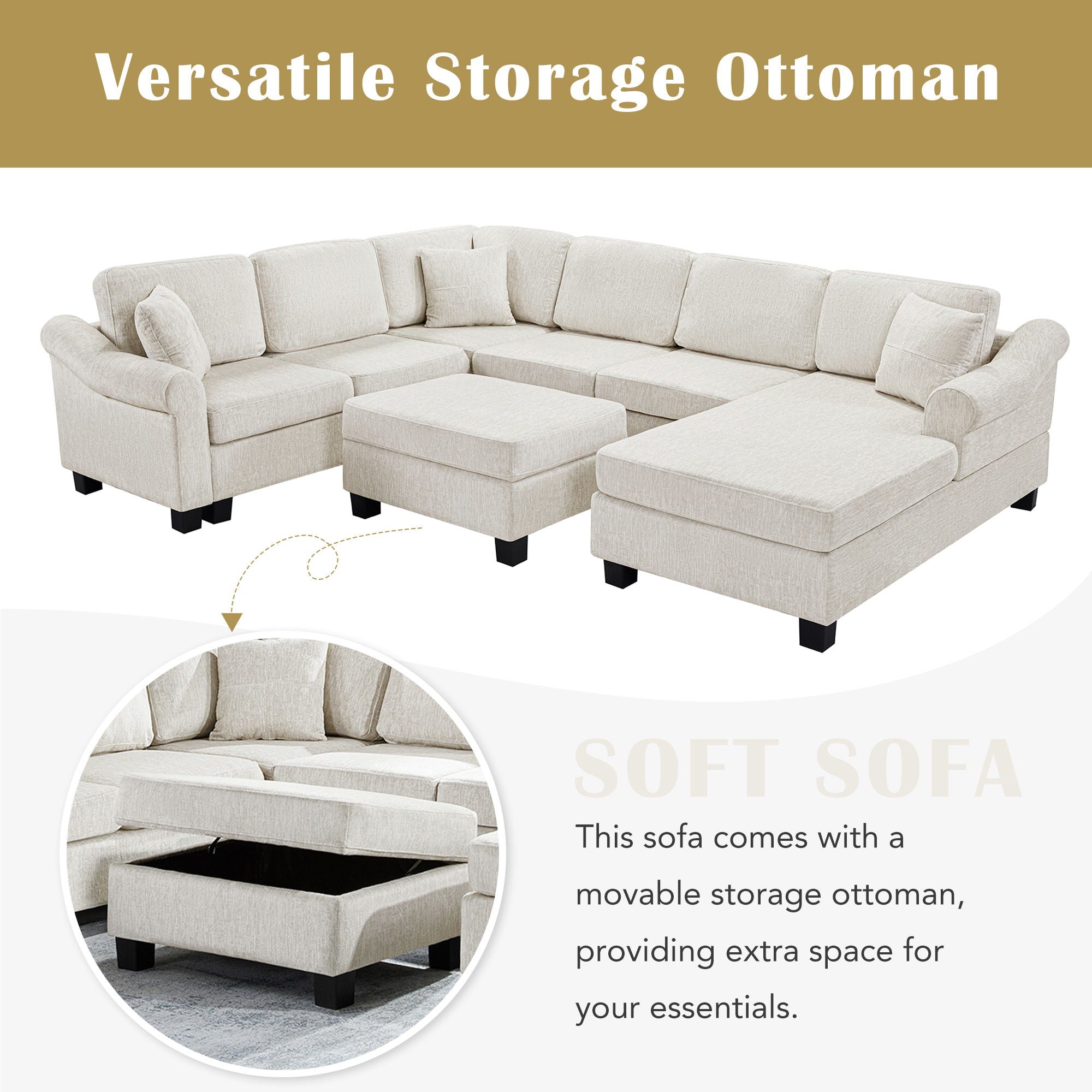 Contemporary U - Shaped Sectional Sofa With Movable Storage Ottoman - Best Buy Furniture