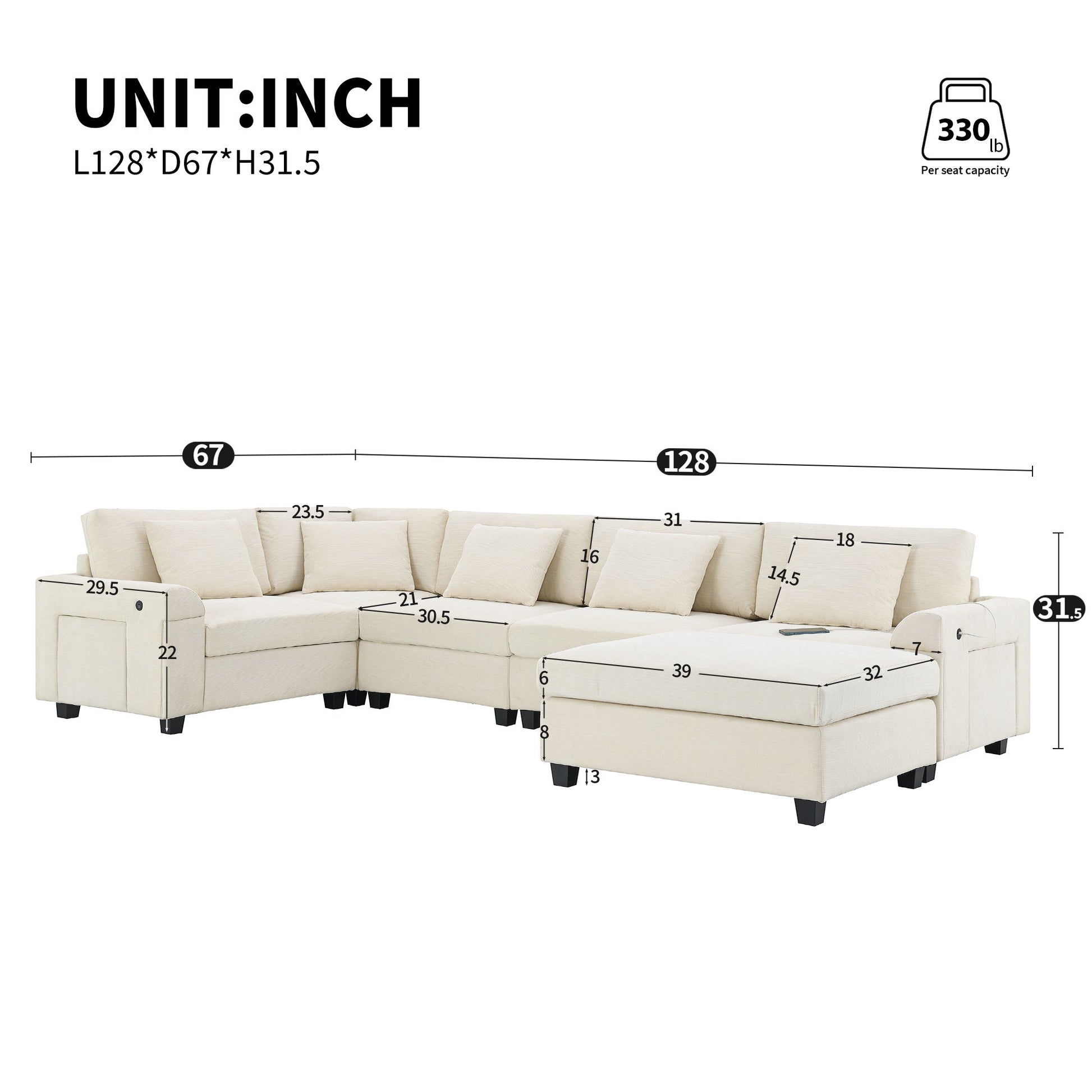 U Shaped Sectional Sofa 6 Seat Couch Set With Oversized Ottoman, Hidden Armrest Storage And Cup Holders USB Charging Ports Wide Seat Sofa - Best Buy Furniture