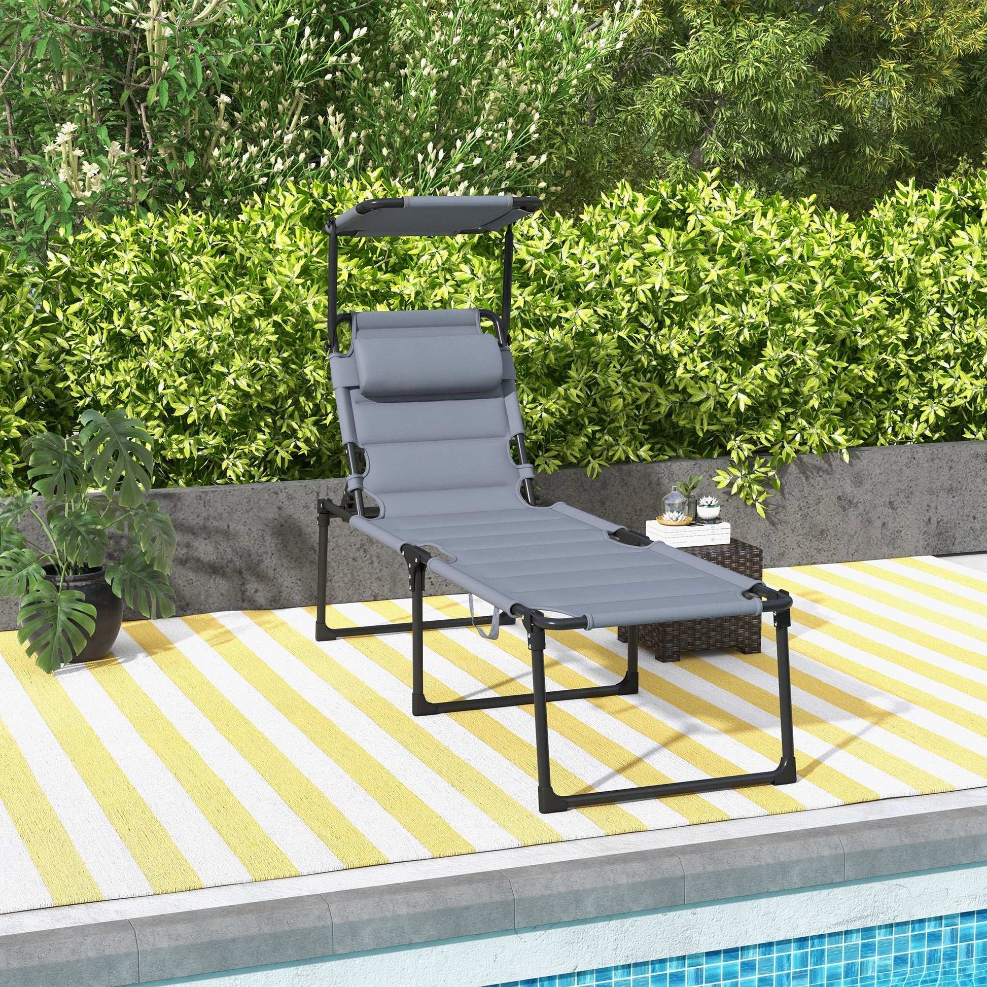 Folding Chaise Lounge Chair with Adjustable Backrest and Sunshade, Gray - Best Buy Furniture