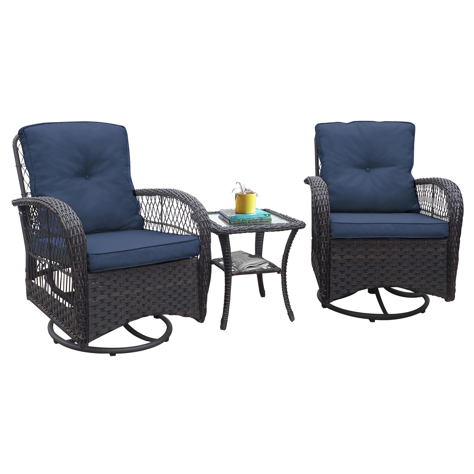 3 Pieces Conversation Set, Outdoor Wicker Rocker Swivel Patio Bistro Set, Rocking Chair With Glass Top Side Table - Best Buy Furniture