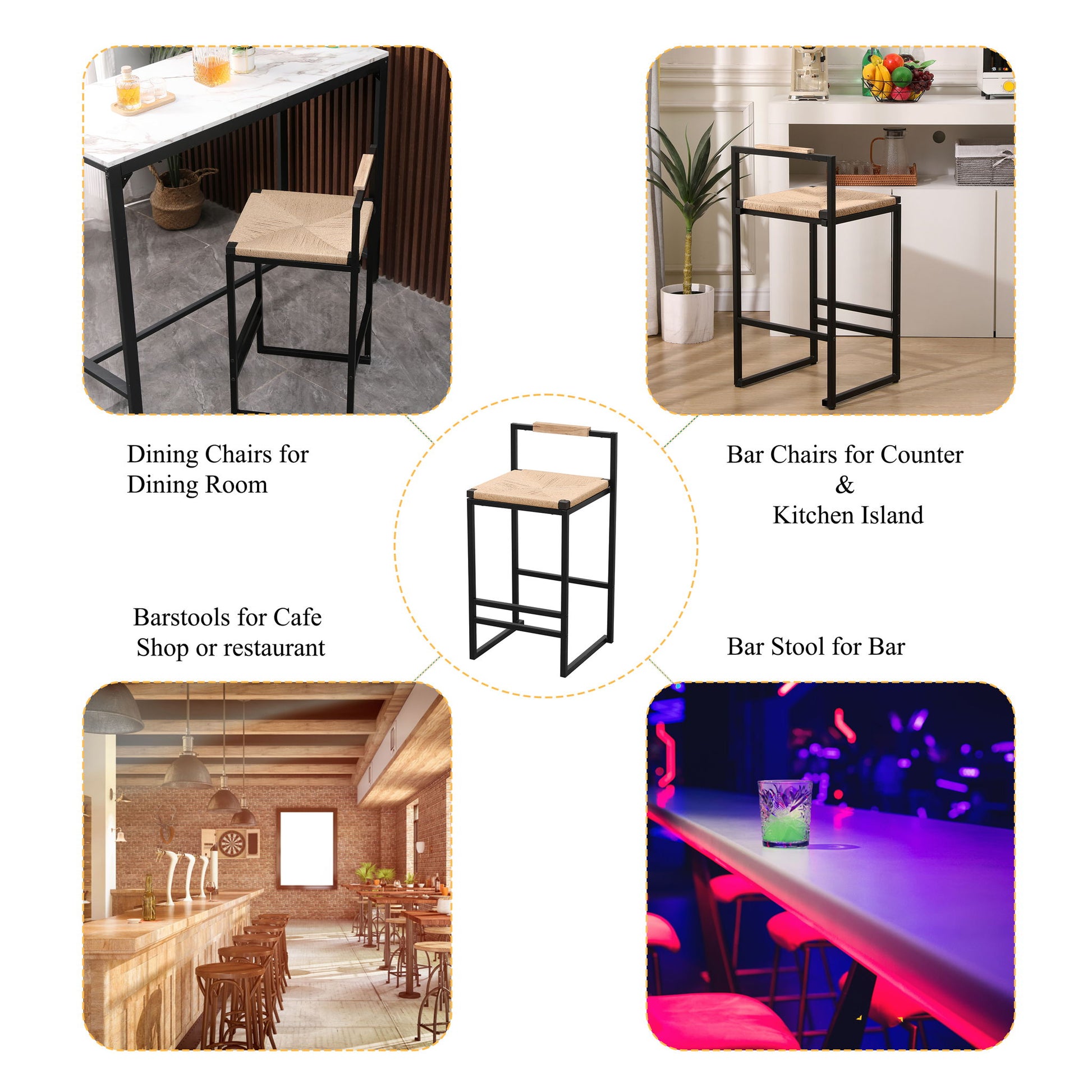 Stylish (Set of 2) Bar Stools With Backrest And Paper Rope Woven Seat, Counter Height Dining Chairs For Kitchen - Natural - Best Buy Furniture