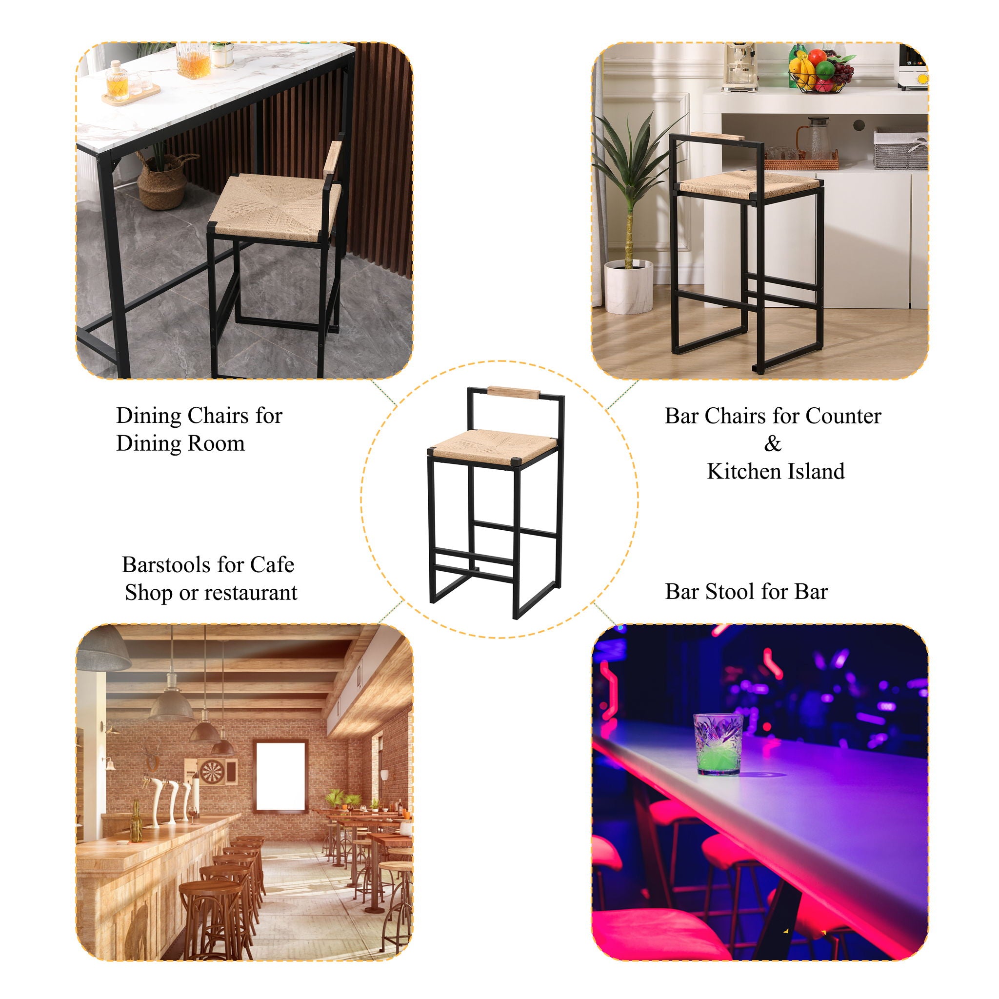 Stylish (Set of 2) Bar Stools With Backrest And Paper Rope Woven Seat, Counter Height Dining Chairs For Kitchen - Natural - Best Buy Furniture
