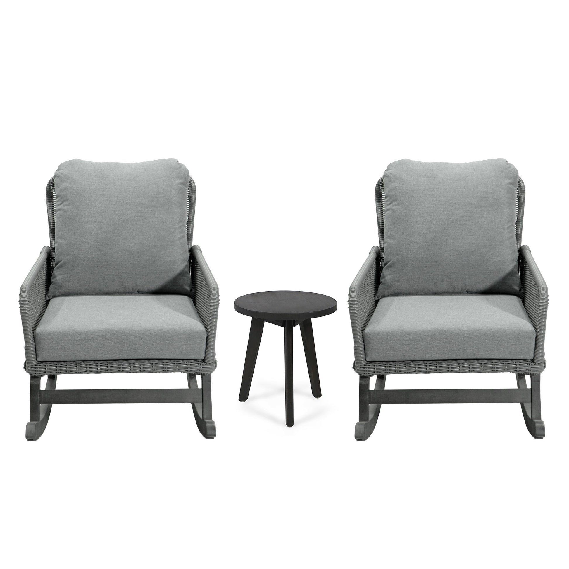 Modern 3 Piece Outdoor Seating Set With Cushioned Rattan Rocking Chairs And Wooden Accent Table - Best Buy Furniture