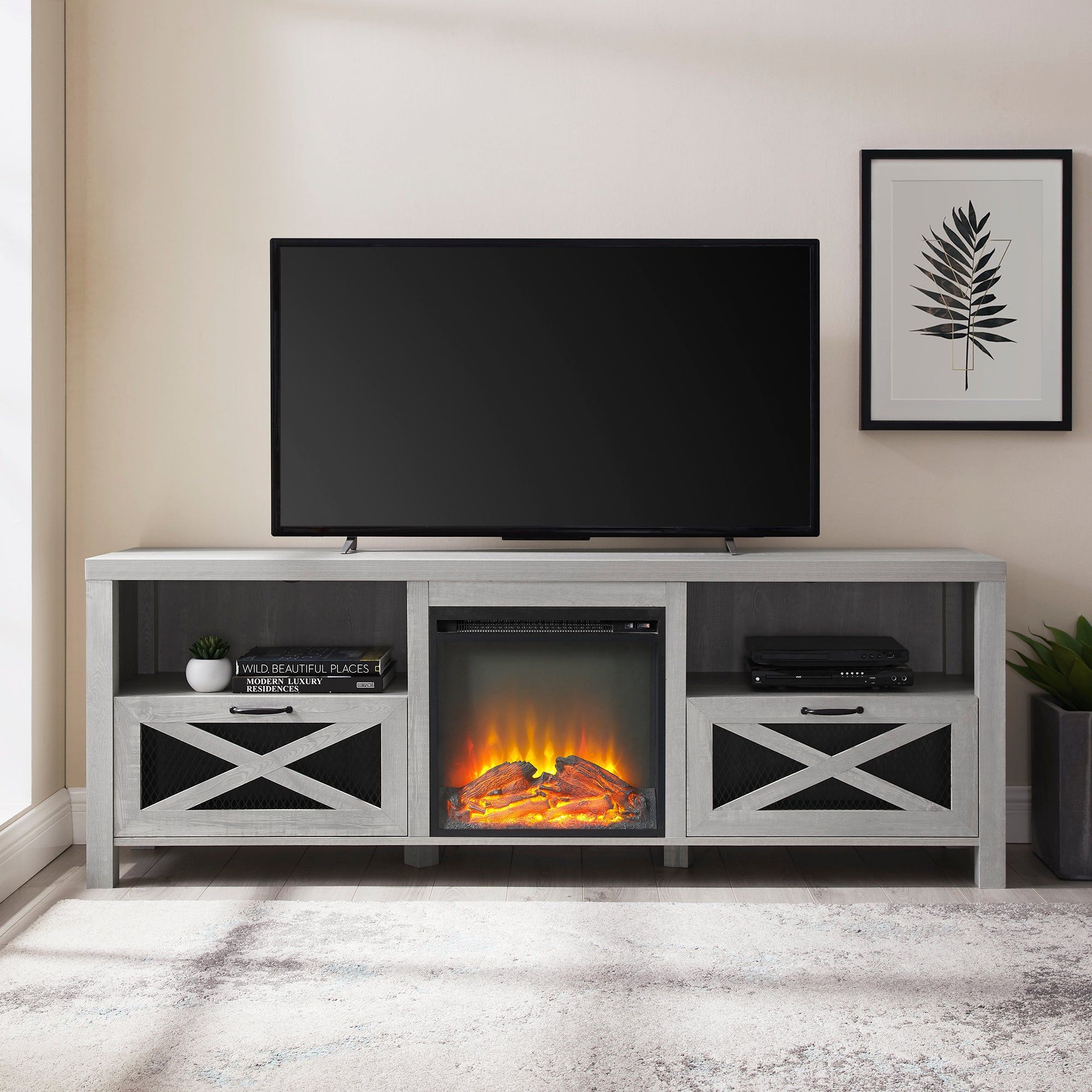 Industrial Farmhouse Metal Mesh Drop Down X Door Fireplace TV Stand - Best Buy Furniture