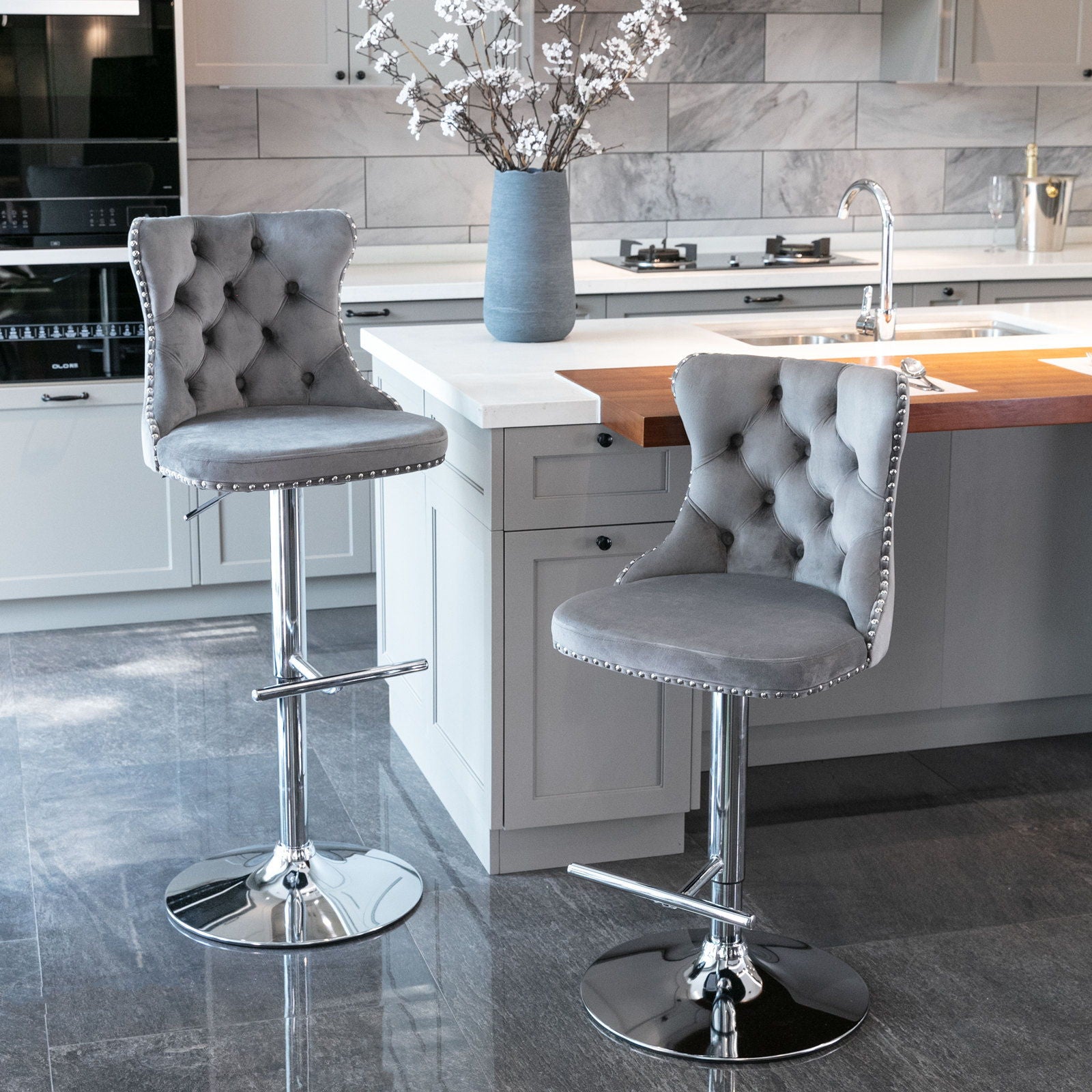Swivel Velvet Barstools Adjusatble Seat Height From 25-33", Modern Upholstered Chrome Base Bar Stools With Backs Comfortable Tufted For Home Pub And Kitchen Island (Set of 2) - Best Buy Furniture
