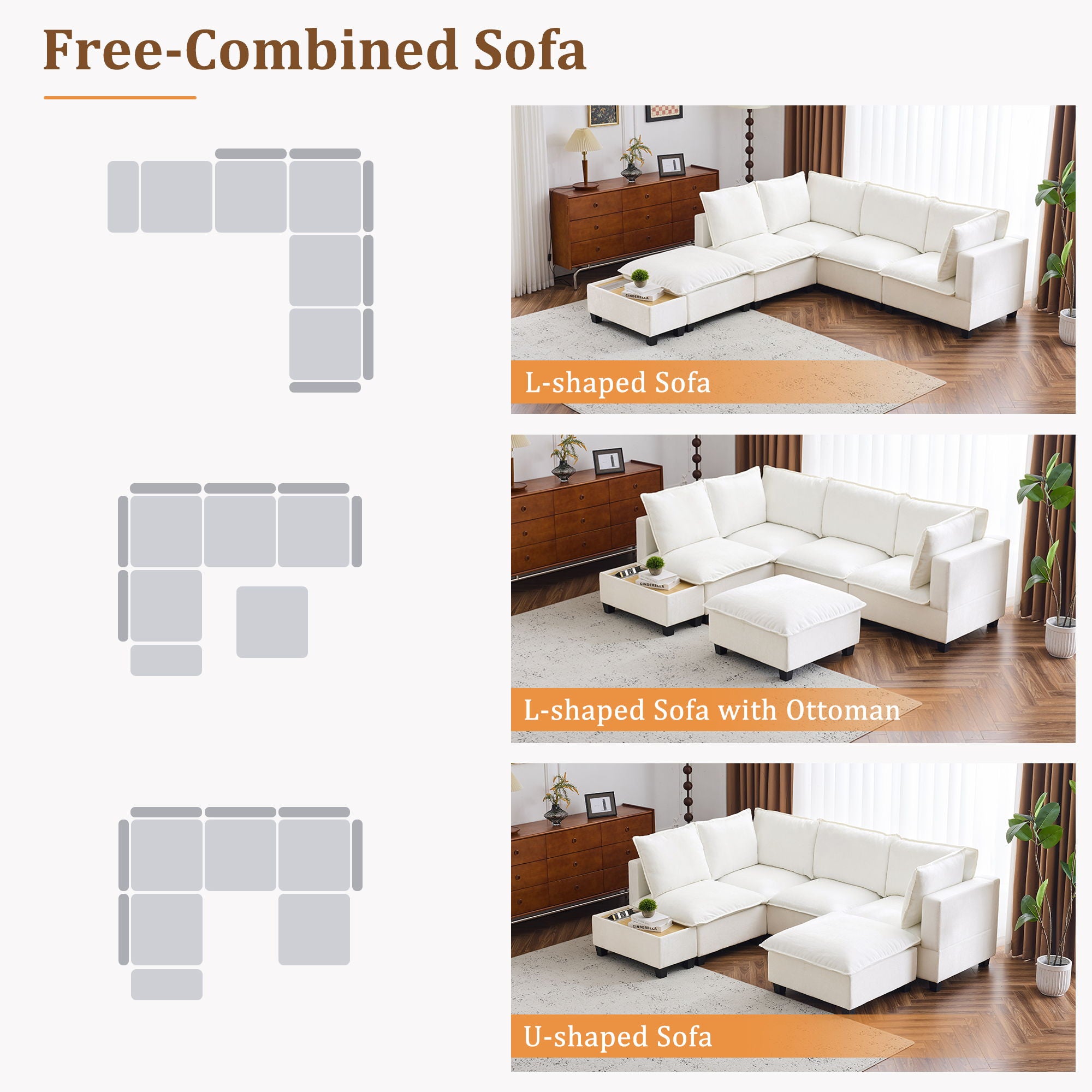 U-Shaped Sectional Modular Sofa With A Movable Ottoman, A Coffee Table With Hidden Charging Devices For Living Room - Best Buy Furniture