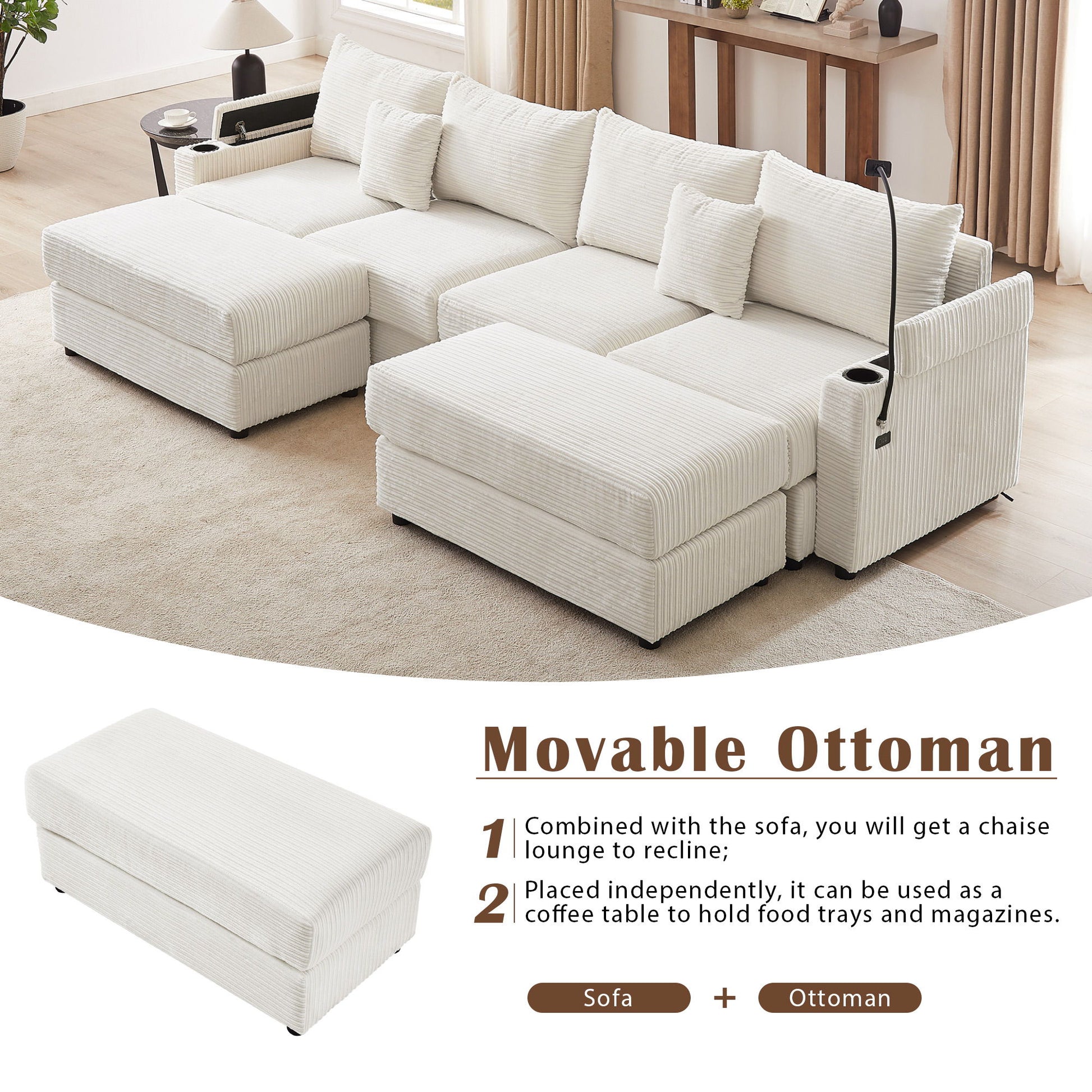 Modern Style Loveseat Sofa Sectional Sofa Couch With Storage Space, A Movable Ottoman, Two USB Ports, Two Cup Holders, A Phone Holder For Living Room - Best Buy Furniture