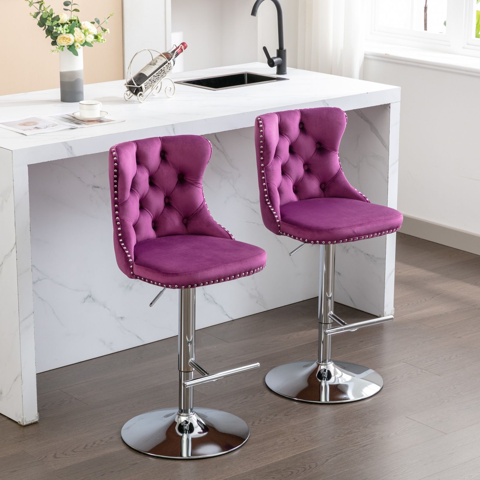 Swivel Velvet Barstools Adjusatble Seat Height From 25-33", Modern Upholstered Chrome Base Bar Stools With Backs Comfortable Tufted For Home Pub And Kitchen Island (Set of 2) - Best Buy Furniture
