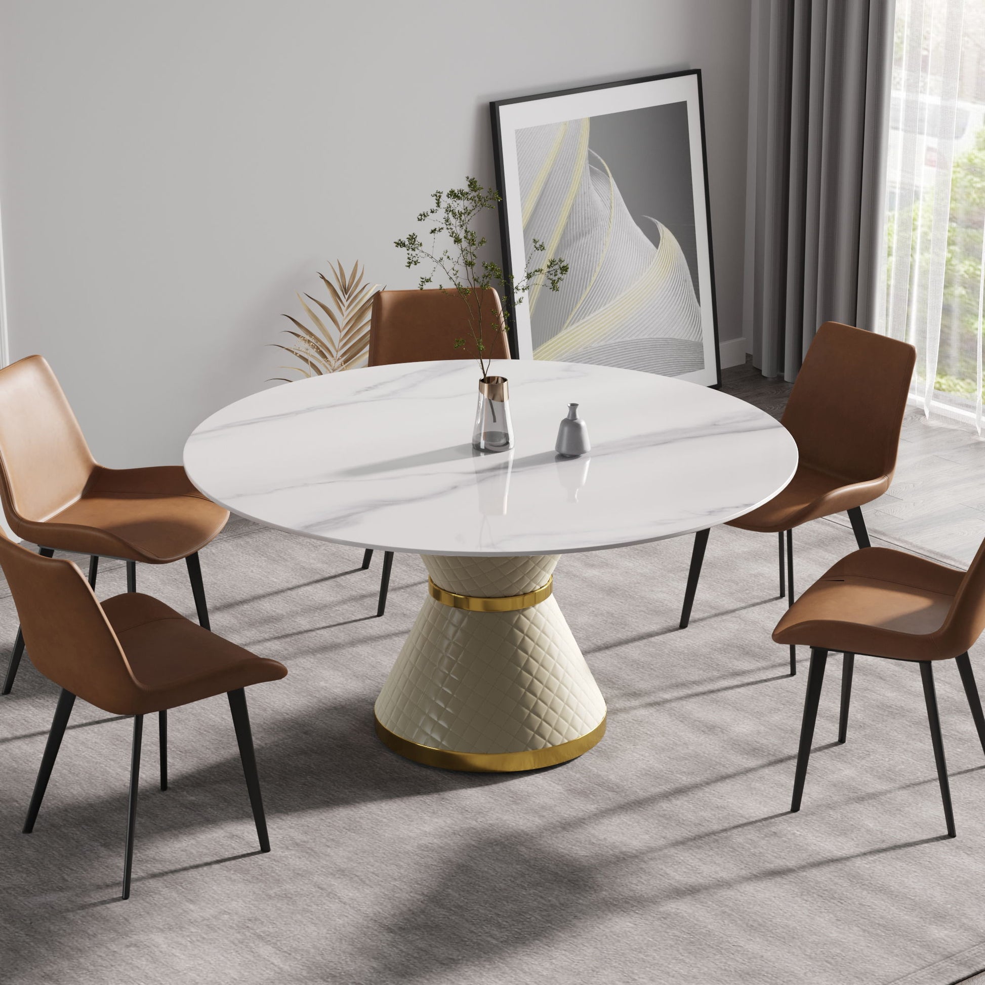 Modern Artificial Stone Round Carbon Steel Base Dining Table, Can Accommodate 6 People - Best Buy Furniture