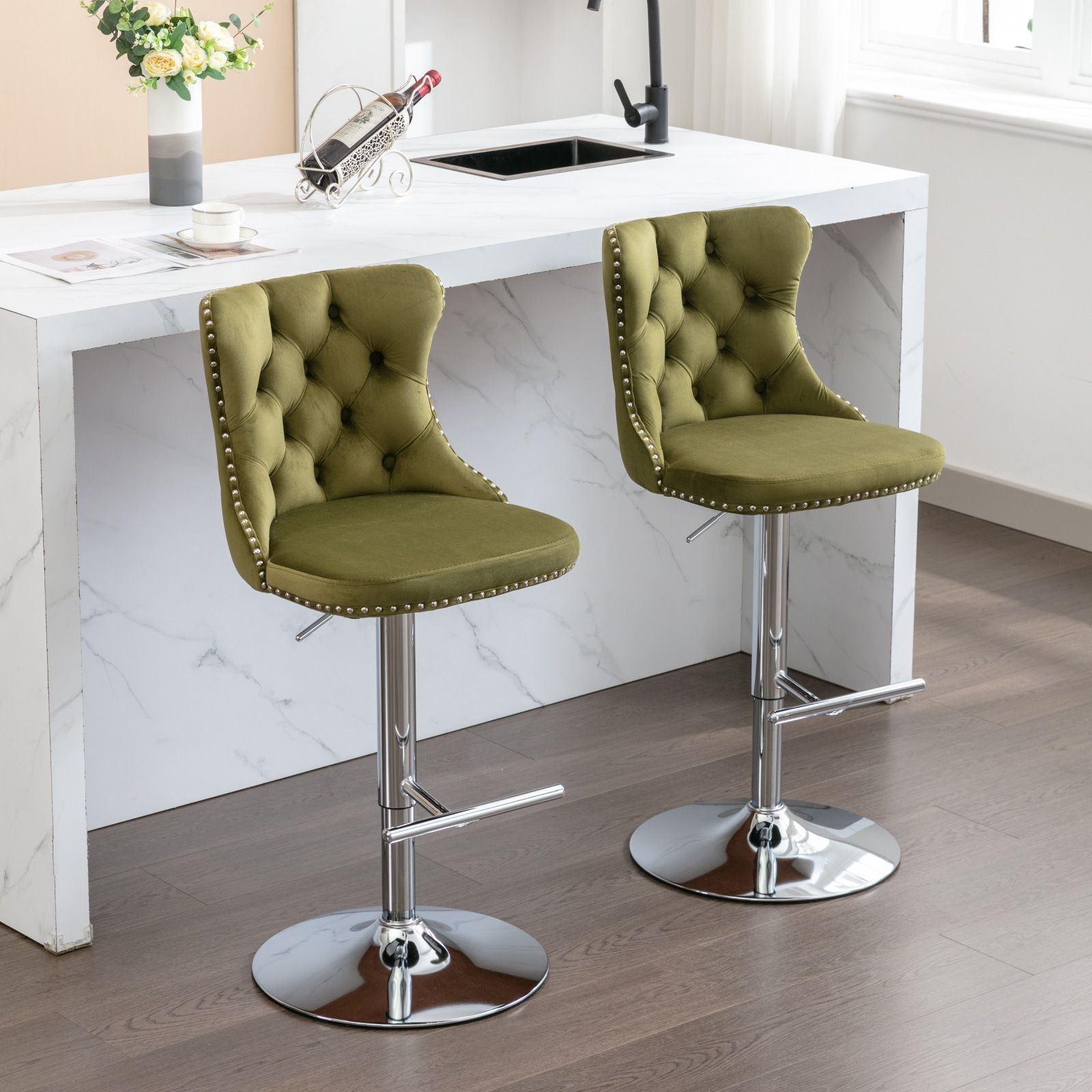 Swivel Velvet Barstools Adjusatble Seat Height From 25-33", Modern Upholstered Chrome Base Bar Stools With Backs Comfortable Tufted For Home Pub And Kitchen Island (Set of 2) - Best Buy Furniture