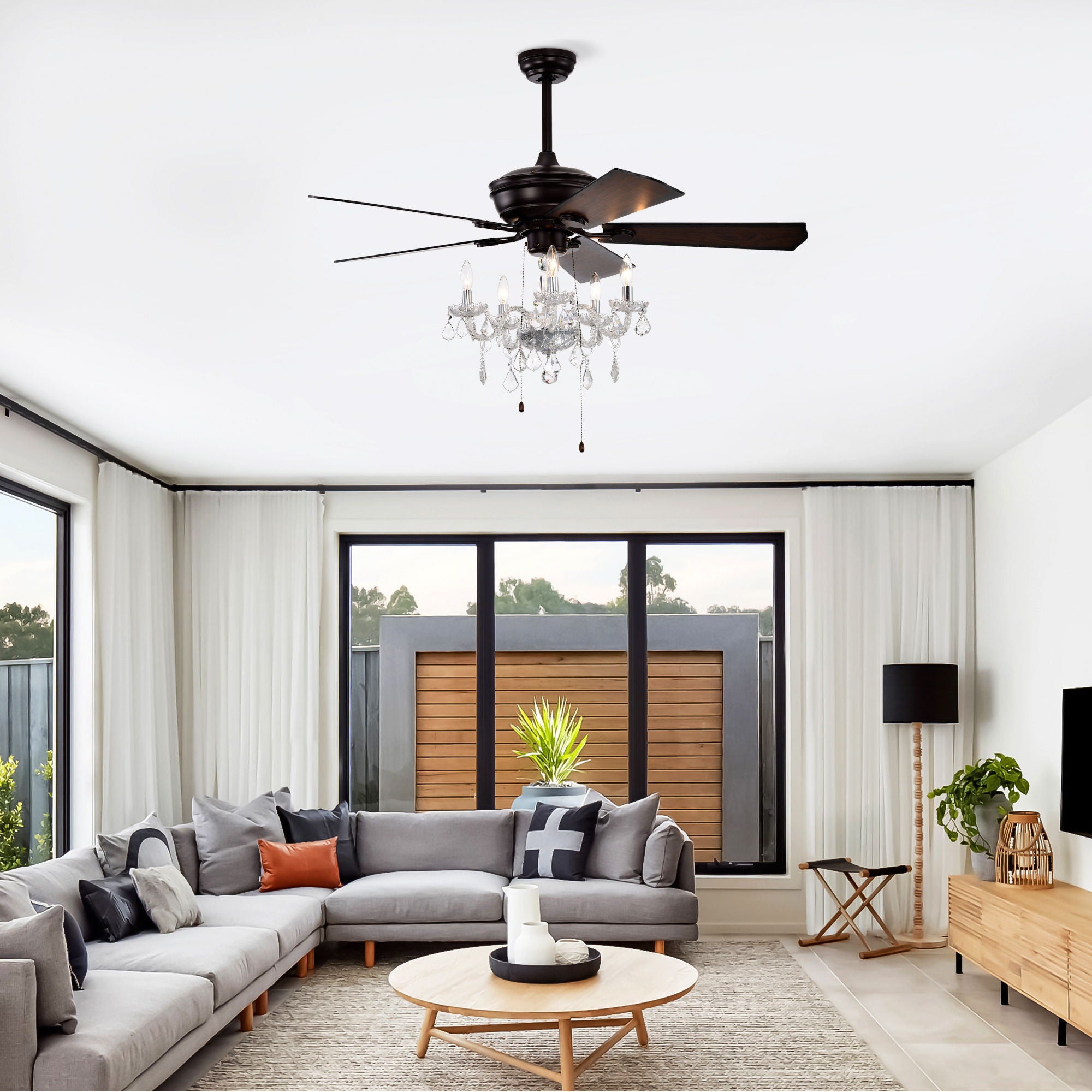 52" Crystal Shade Ceiling Fan Lamp, 3 Speed, 4 Timing, 5 Reversible Blades Crystal Ceiling Fan, 5 Pieces X E12 (No Include Bulb), Hand Pull Chain - Matte Black - Best Buy Furniture