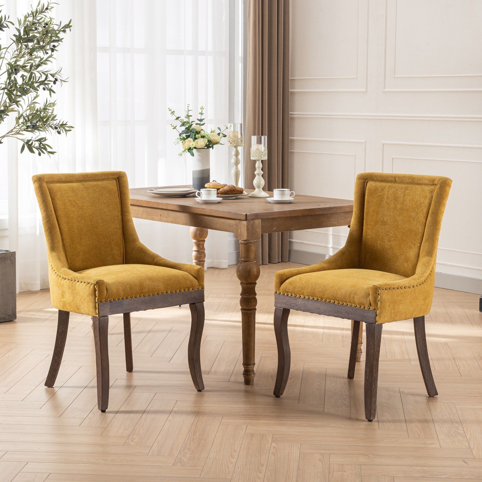 Ultra Side Dining Chair, Thickened Fabric Chairs With Neutrally Toned Solid Wood Legs, Bronze Nail Head (Set of 2) - Best Buy Furniture