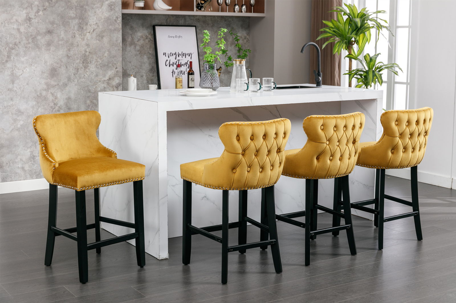 Contemporary Velvet Upholstered Wing-Back Barstools With Button Tufted Decoration And Wooden Legs, And Chrome Nailhead Trim, Leisure Style Bar Chairs, Bar Stools (Set of 2) - Best Buy Furniture