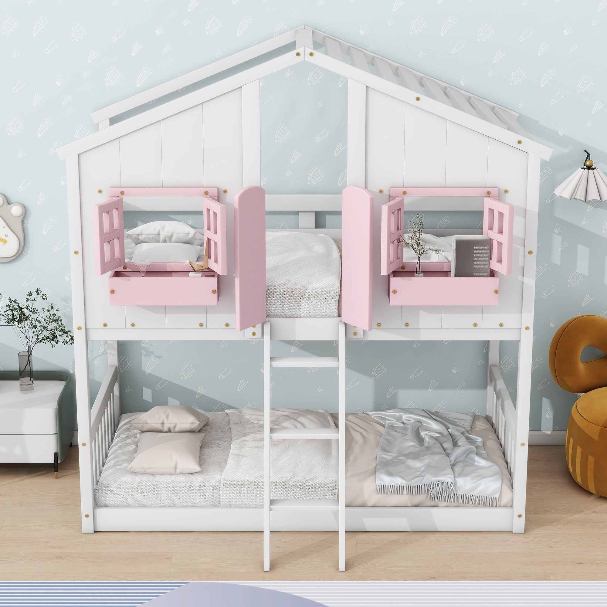House Bunk Bed With Roof, Window, Window Box, Door, With Safety Guardrails And Ladder - Best Buy Furniture