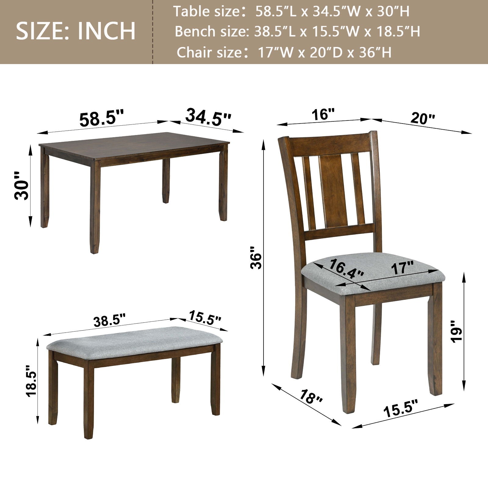 6 Pieces Kitchen Dining Set, Rectangular Wooden Dining Table With 4 Upholstered Chairs And A Bench - Best Buy Furniture