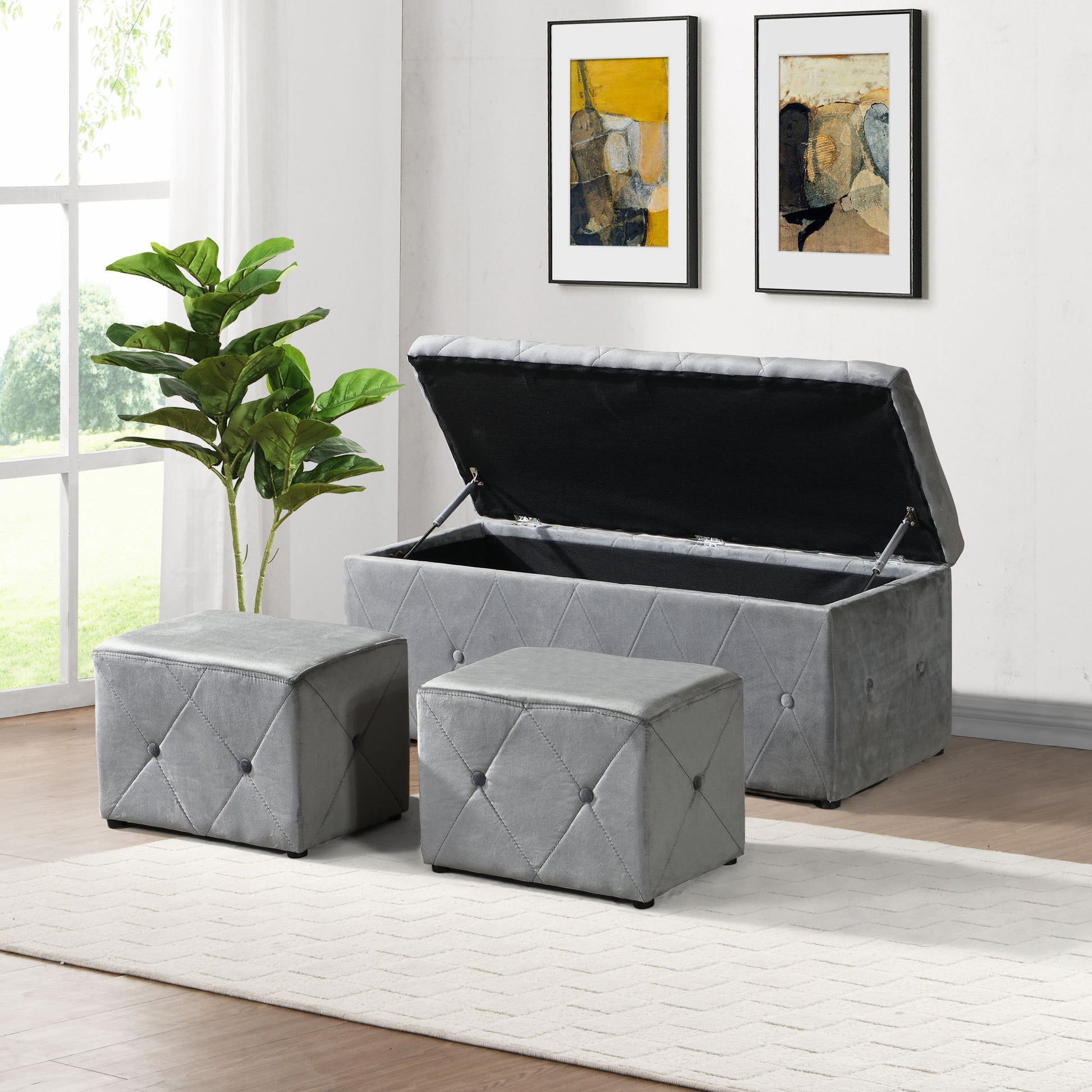 3 Piece Rectangular Storage Ottoman Short Velvet With 2 Set Ottomans - Best Buy Furniture