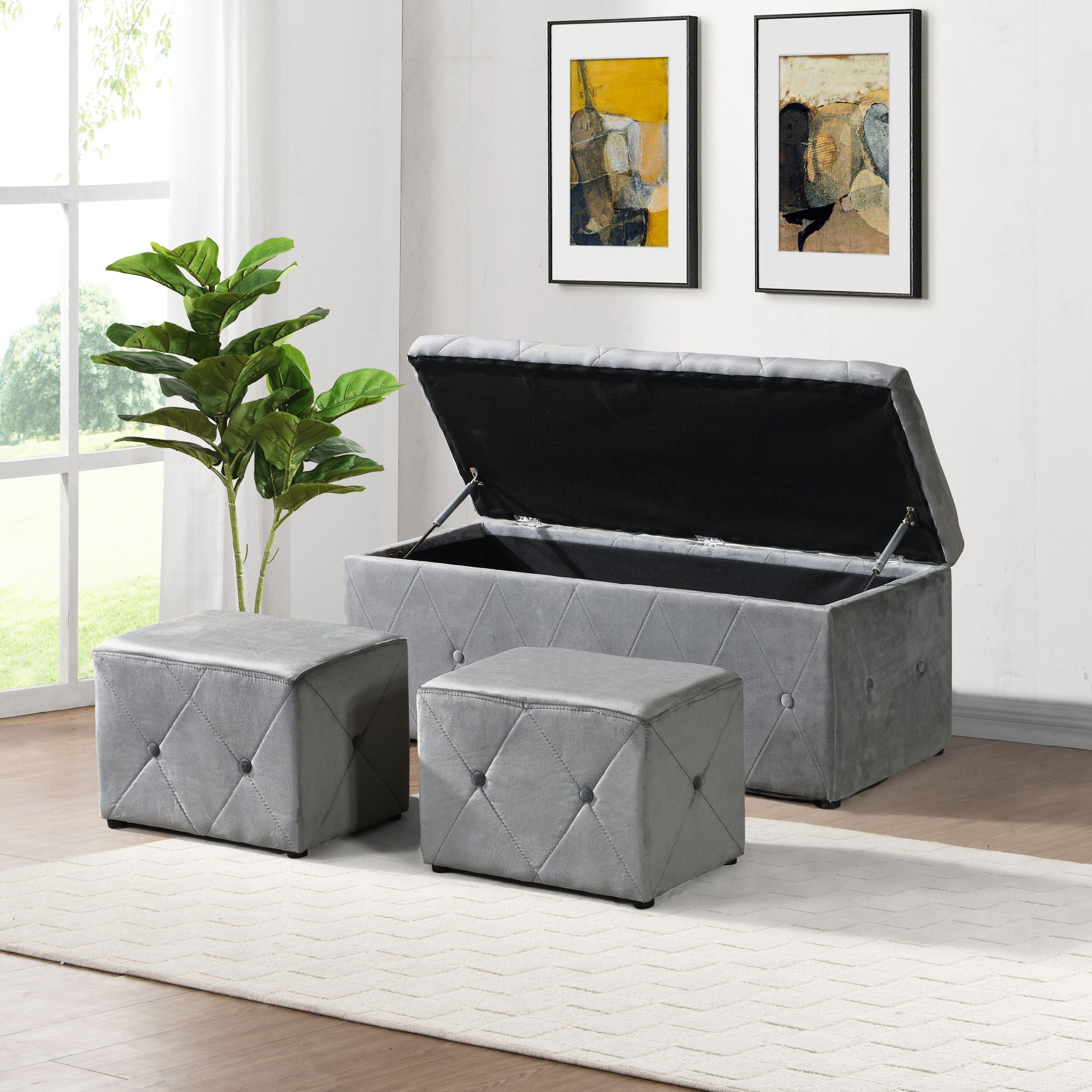 3 Piece Rectangular Storage Ottoman Short Velvet With 2 Set Ottomans - Best Buy Furniture