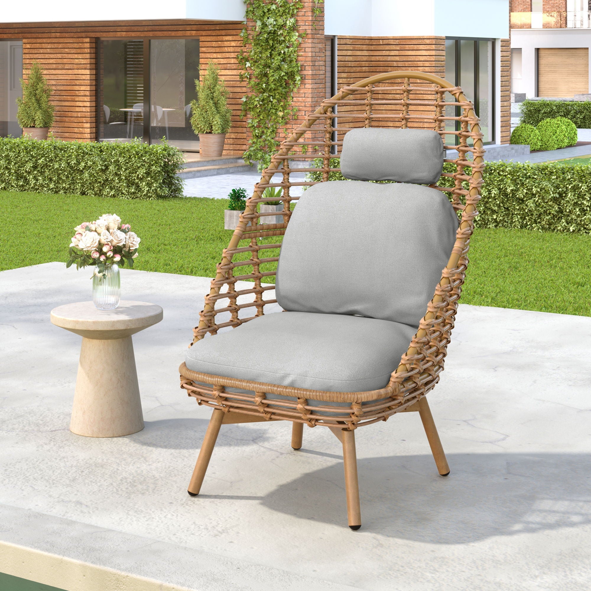 Ellis - Outdoor Wicker High Back Lounge Chair, Teak Finished Leg - Light Brown / Beige - Best Buy Furniture