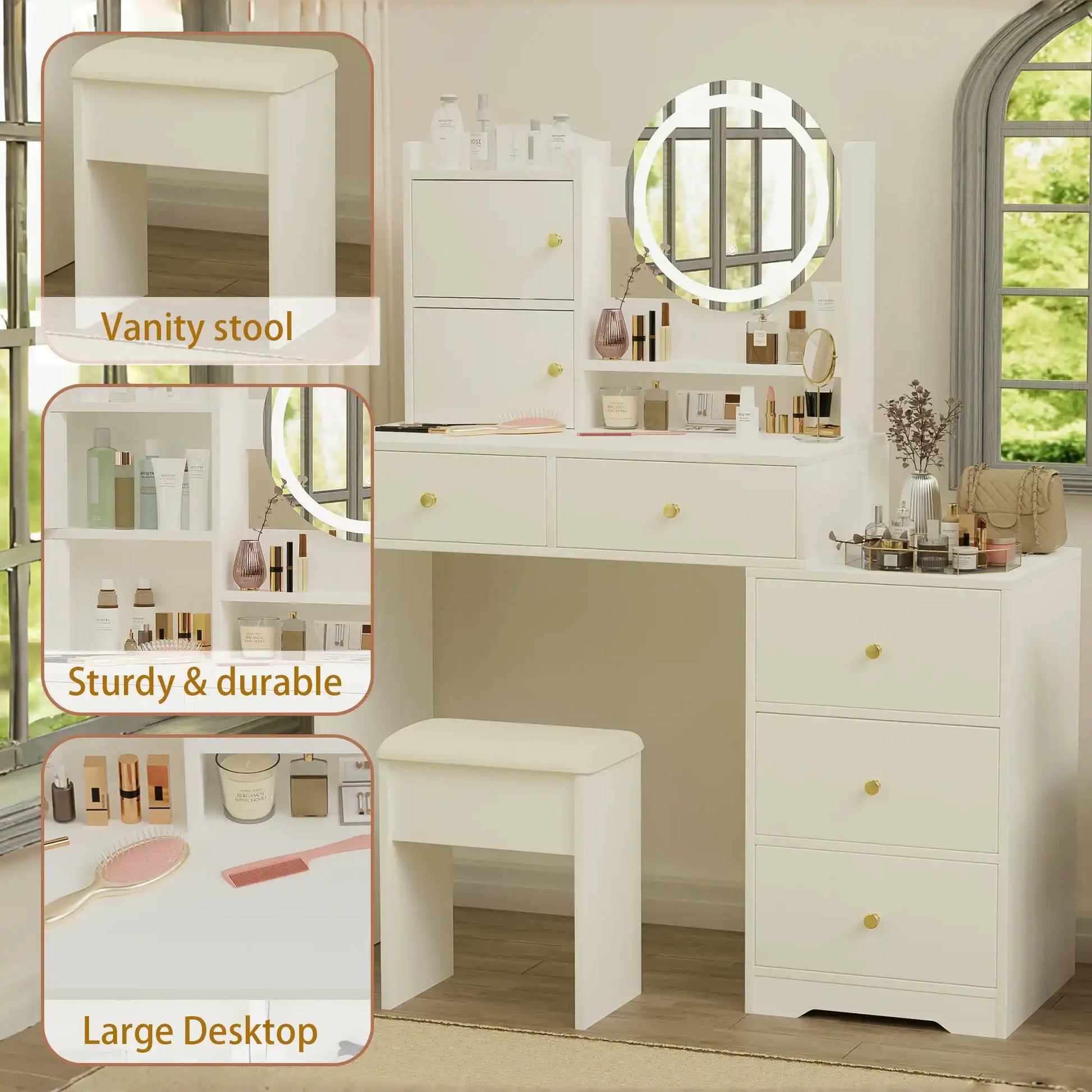 Vanity Desk Set with Mirror and Lights, White - Best Buy Furniture