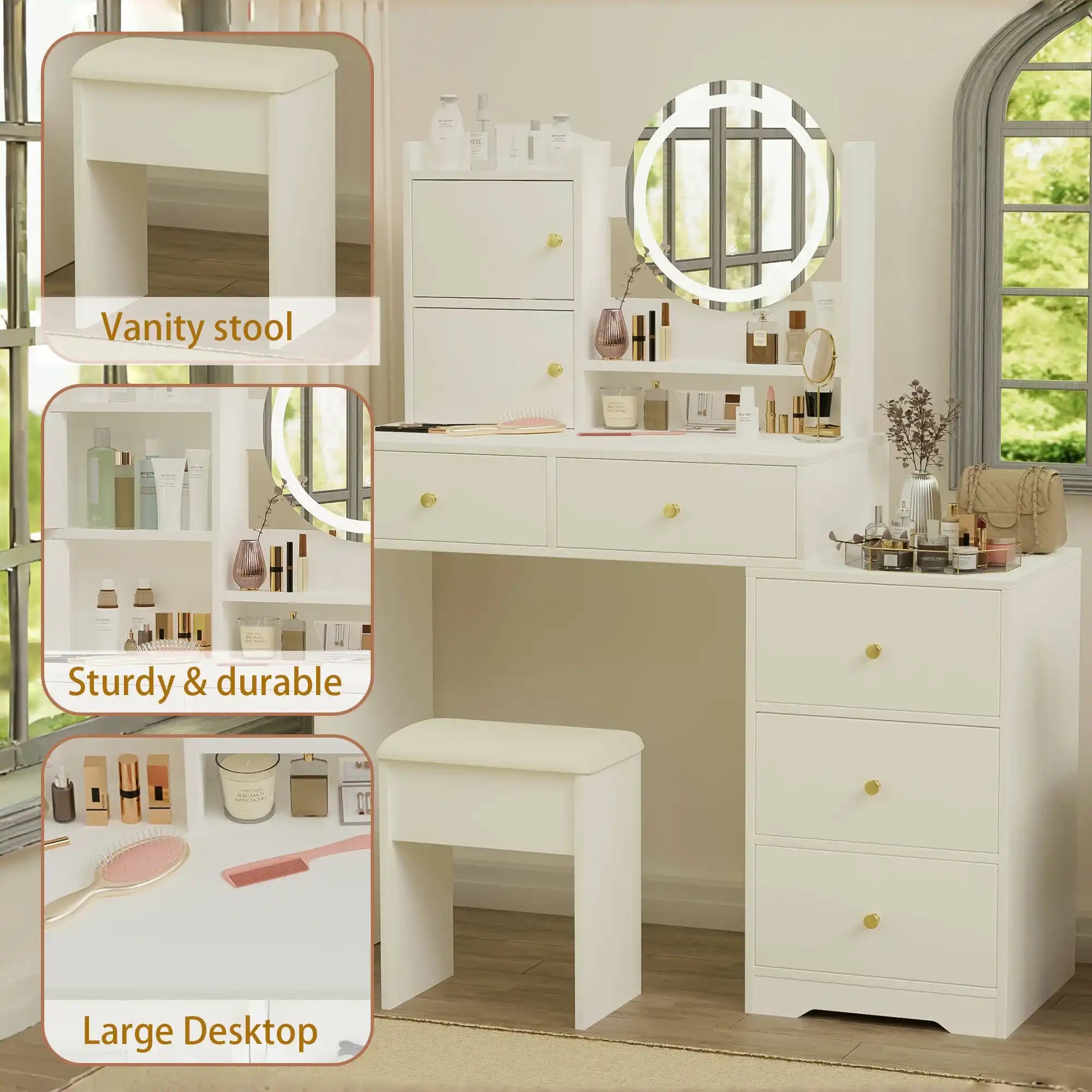 Vanity Desk Set with Mirror and Lights, White - Best Buy Furniture