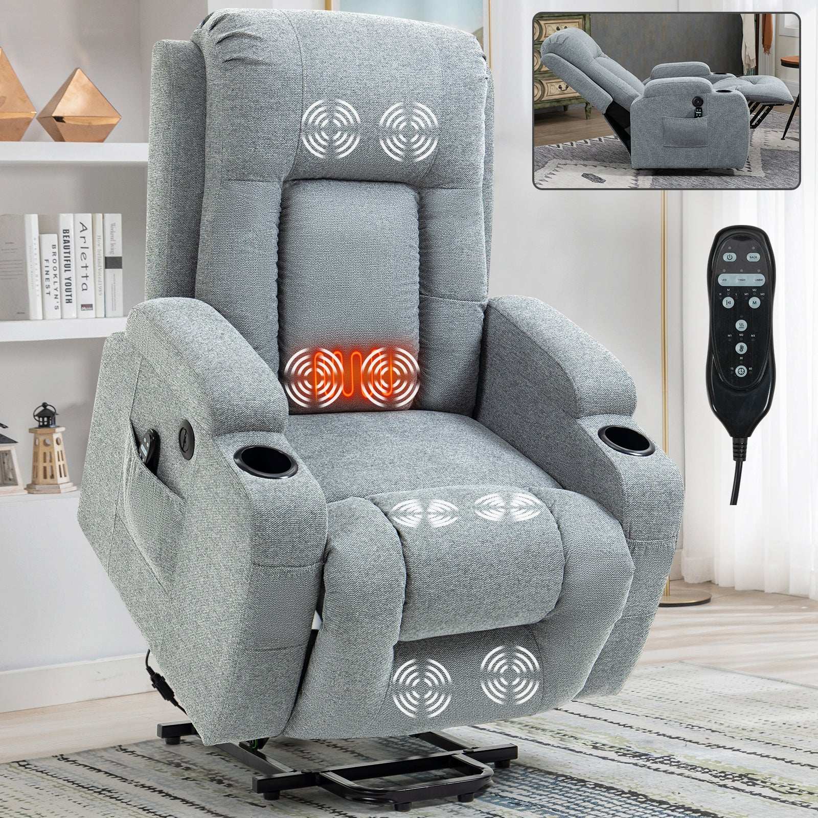 Power Lift Recliner Chair with Massage & Heating, Grey - Best Buy Furniture