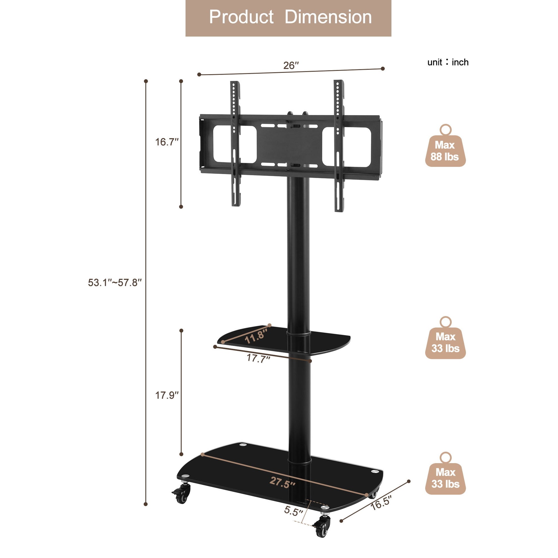 Height And Angle Adjustable Multi-Function Tempered Glass Metal Frame Floor With Lockable Wheels Mobile TV Stand, Lcd / Plasma TV Bracket 2 Tier Tempered Glass Shelves For Multiple Media Devices - Black - Best Buy Furniture