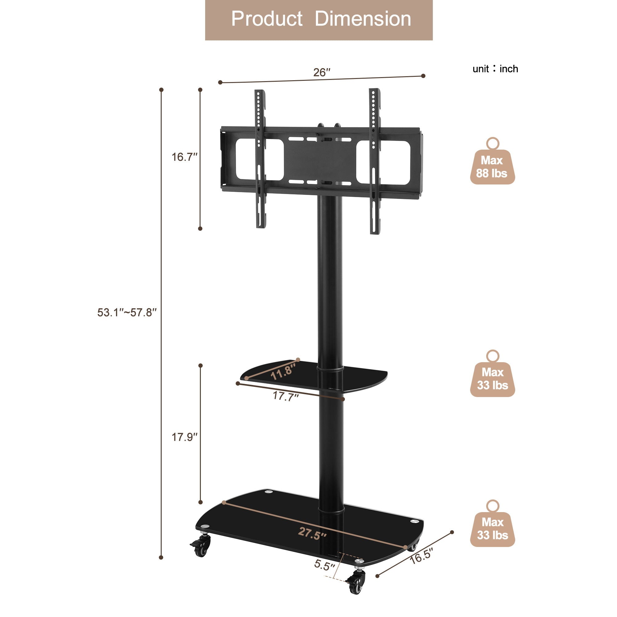 Height And Angle Adjustable Multi-Function Tempered Glass Metal Frame Floor With Lockable Wheels Mobile TV Stand, Lcd / Plasma TV Bracket 2 Tier Tempered Glass Shelves For Multiple Media Devices - Black - Best Buy Furniture