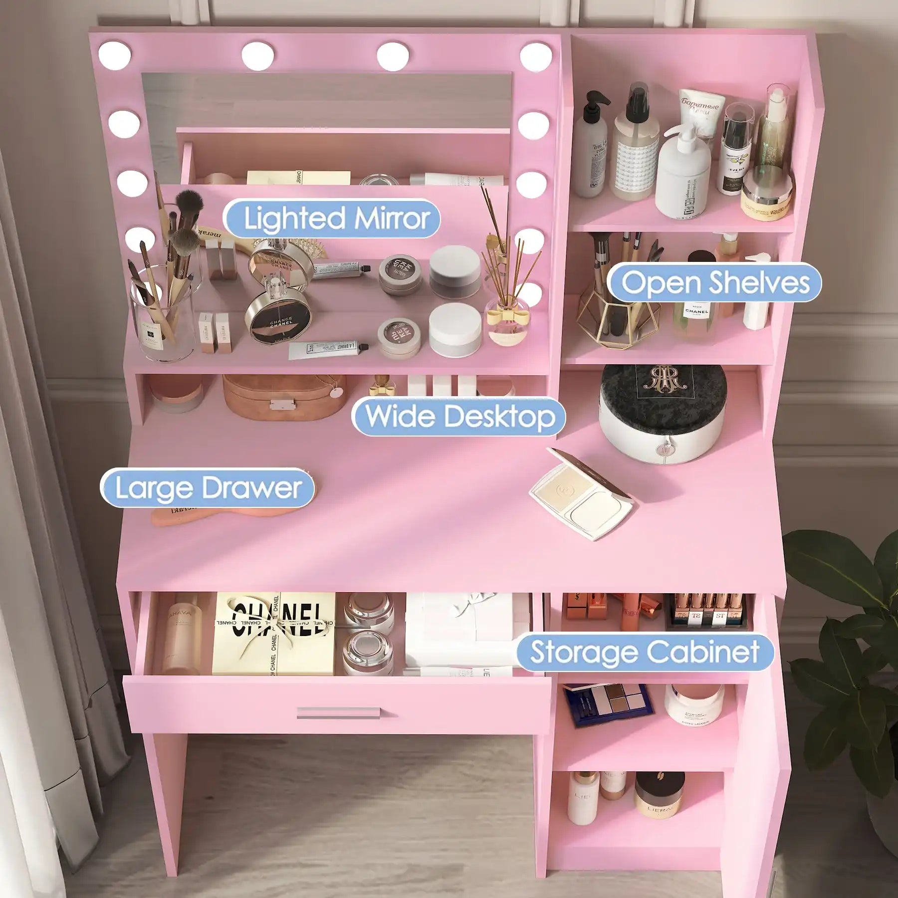 Vanity Desk with Mirror & Light, Pink Dressing Table - Best Buy Furniture