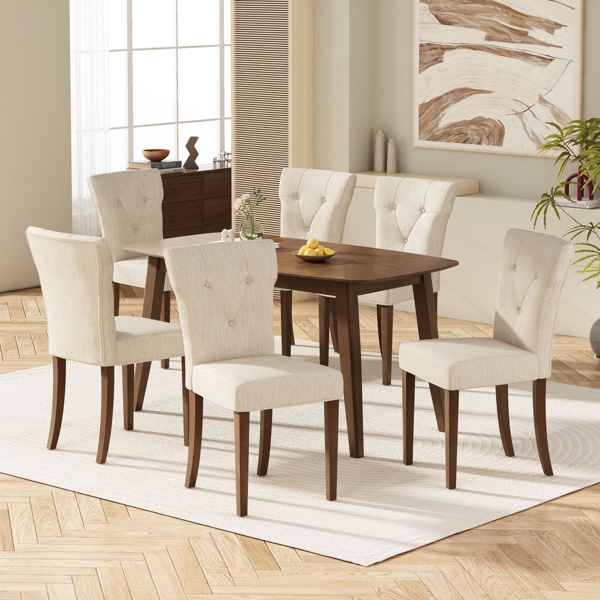 Modern Indoor Wood Dining Set With Chairs And Table, Rubber Wood, 6 Piece - Cream / Walnut - Best Buy Furniture