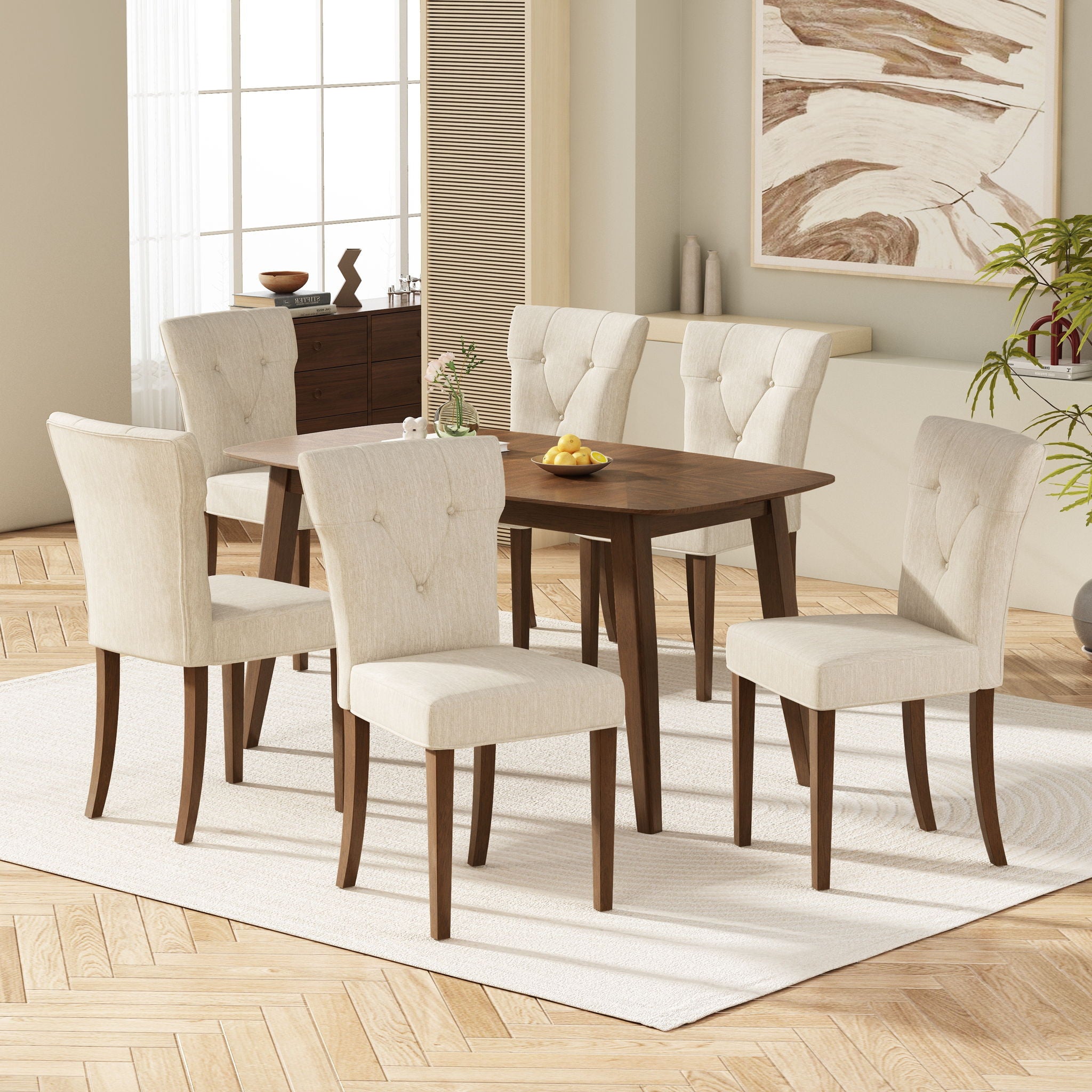 Modern Indoor Wood Dining Set With Chairs And Table, Rubber Wood, 6 Piece - Cream / Walnut - Best Buy Furniture