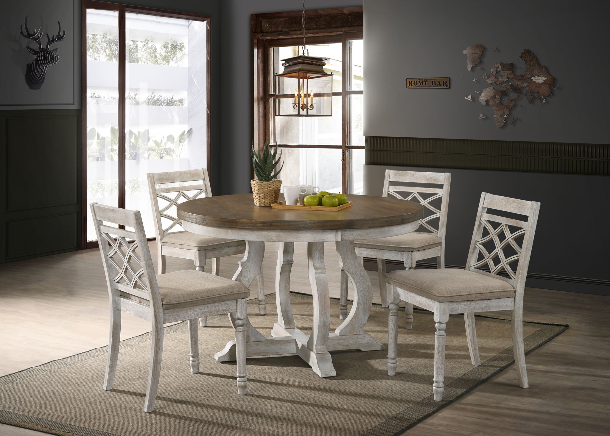 Havanna - 5 Piece Wide Contemporary Round Dining Table With Off White Fabric Chairs (Set of 5) - Vintage Walnut - Best Buy Furniture