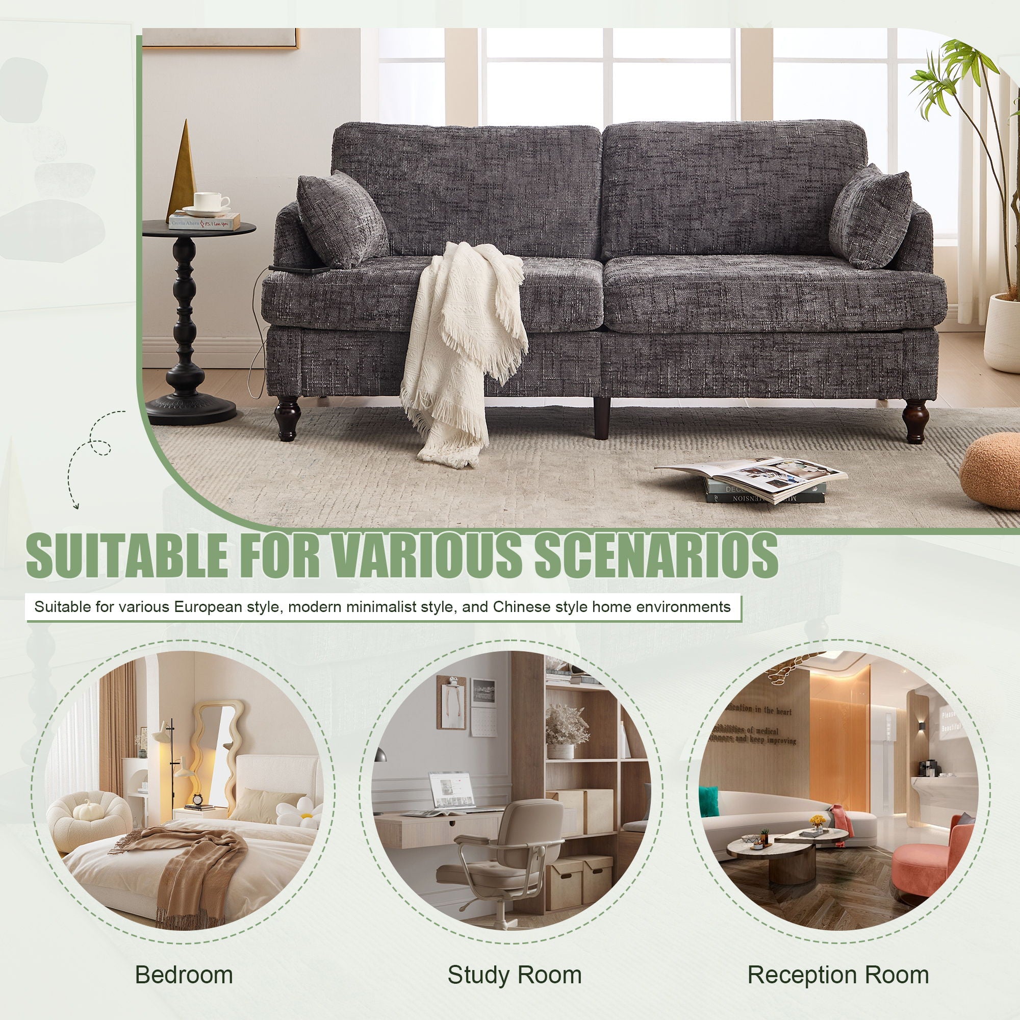 Chenille 2 Seater Sofa With LED Light, USB Charging Port, And Storage Bag - Best Buy Furniture
