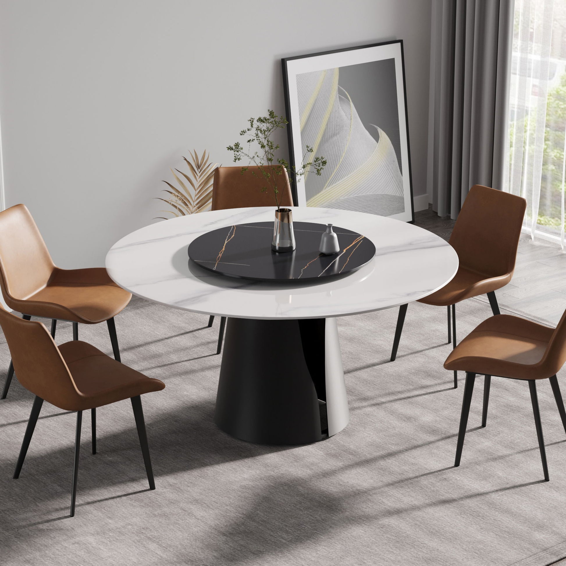 Modern Artificial Stone Round Carbon Steel Base Dining Table, Can Accommodate 6 People, Black Artificial Stone Turntable - Best Buy Furniture