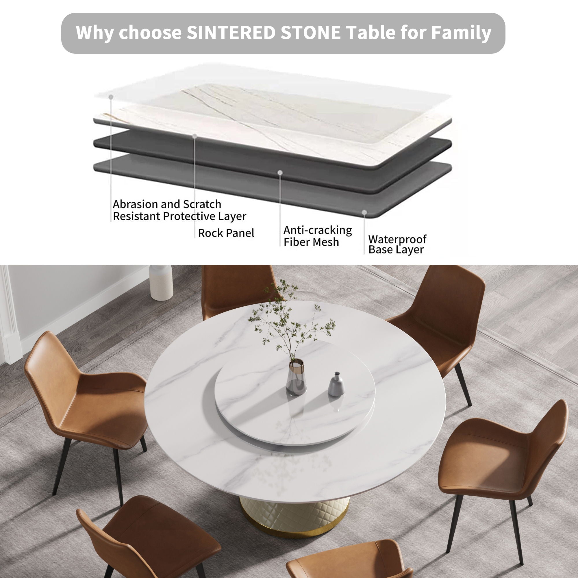 Modern Artificial Stone Round Carbon Steel Base Dining Table Stone Turntable - Best Buy Furniture