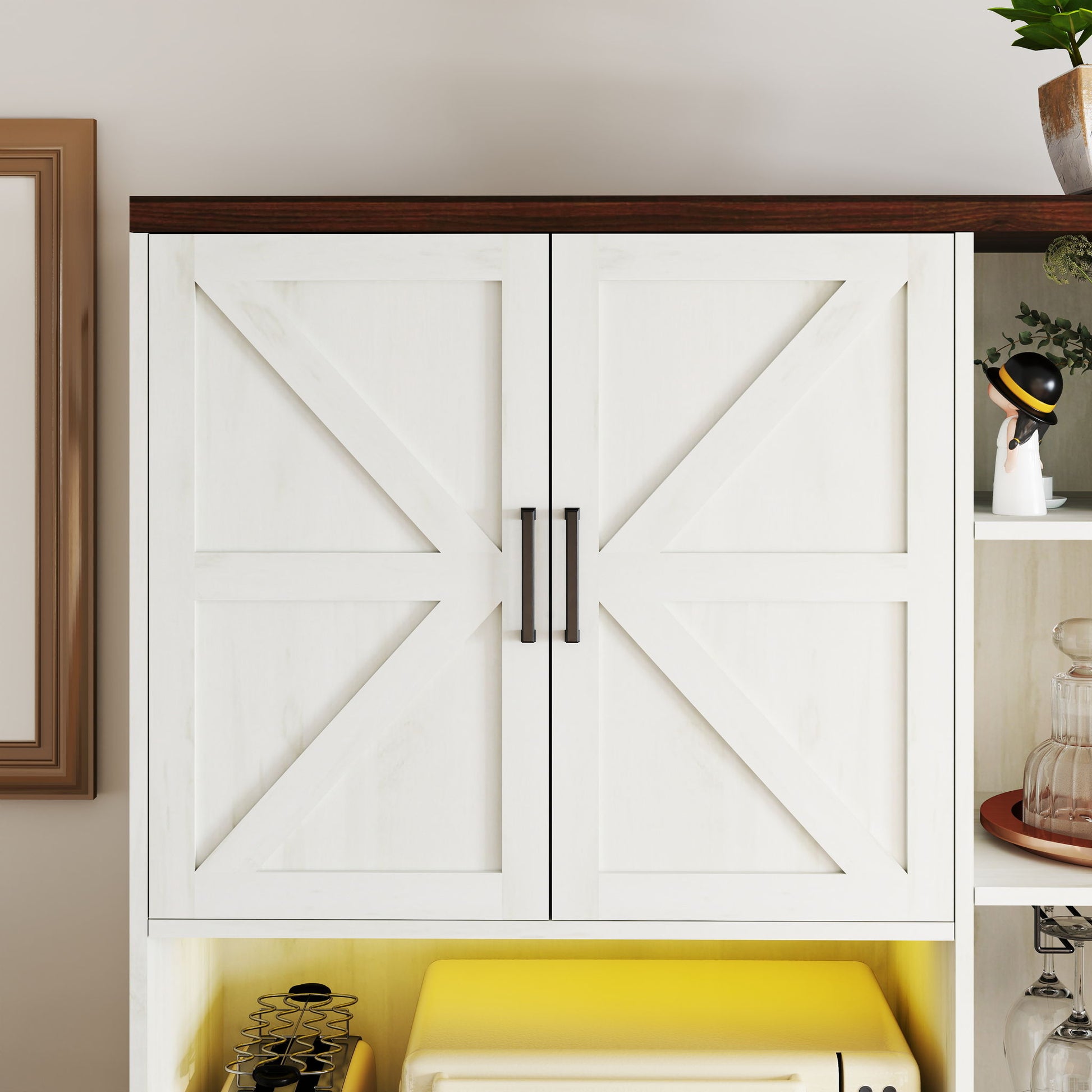 Farmhouse Kitchen Pantry Sideboard With Cabinet And Drawer, Multi Functional Kitchen Buffet With Hutch And Glass Holder, Microwave Stand With Charging Station - Brown / Antique White - Best Buy Furniture