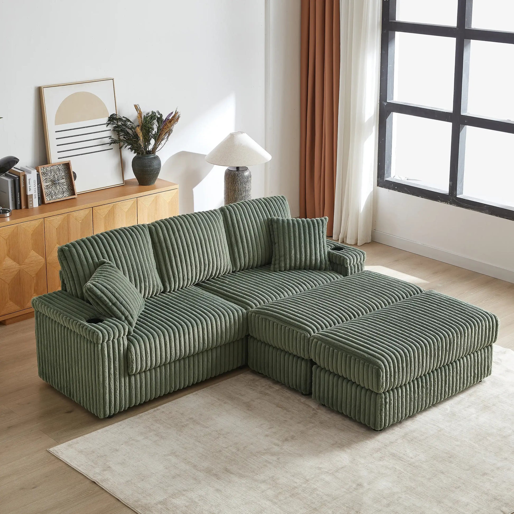 Xena Modern Corduroy Sofa With Cupholders with Storage And Ottomans - Best Buy Furniture