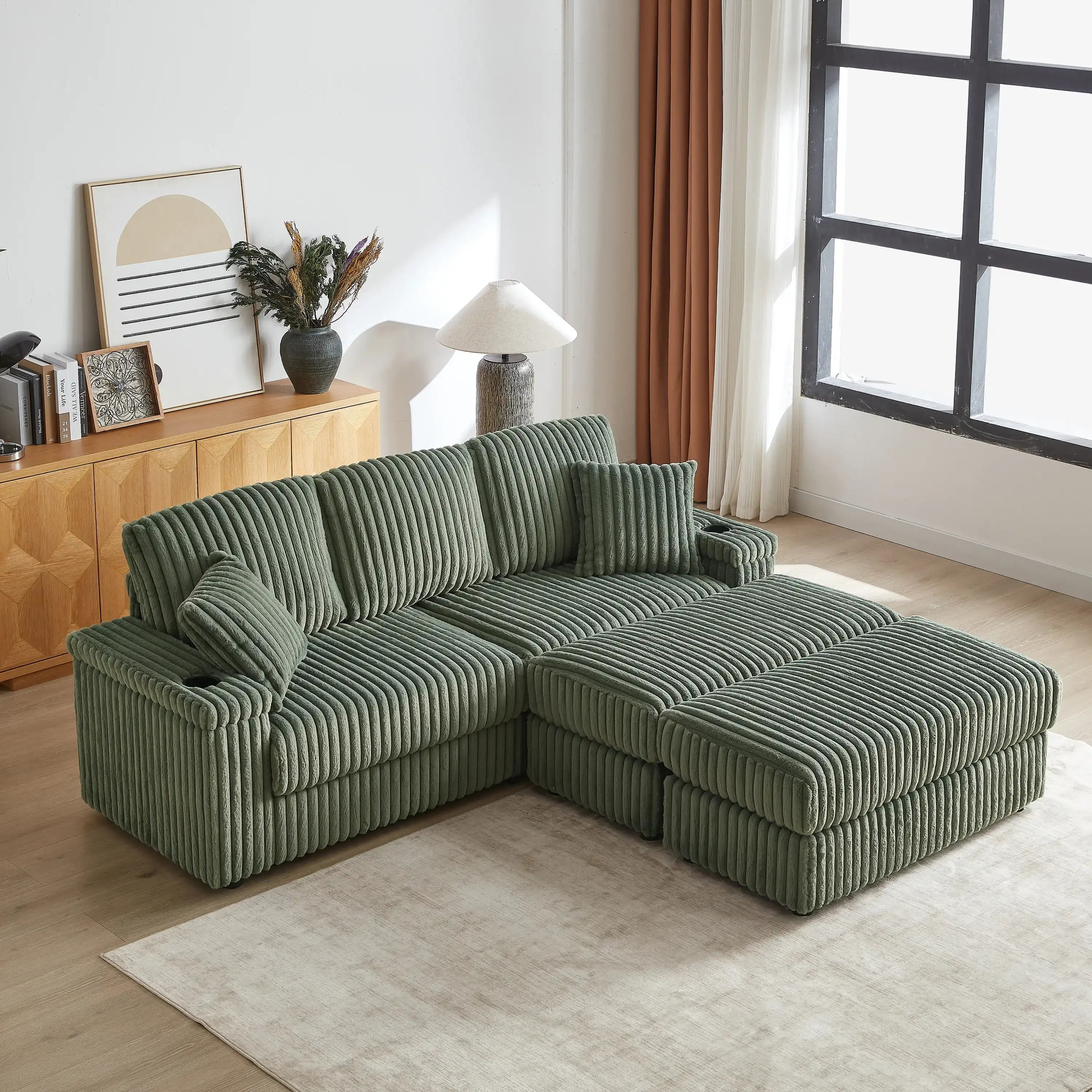 Xena Modern Corduroy Sofa With Cupholders with Storage And Ottomans - Best Buy Furniture