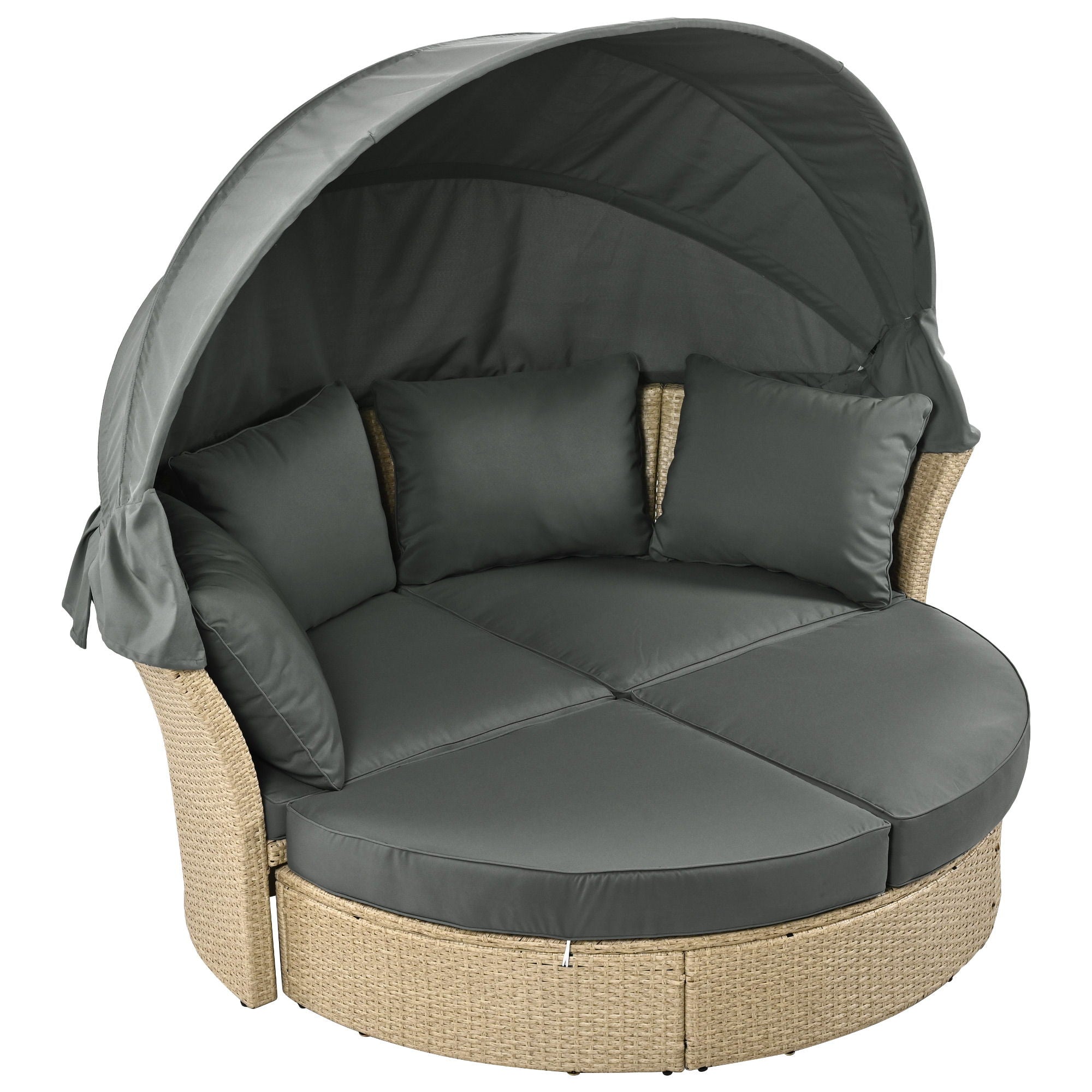Outdoor Patio Daybed Wicker Rattan Double Daybed Round Sofa Furniture Set With Retractable Canopy, 4 Pillows For Lawn Garden - Best Buy Furniture