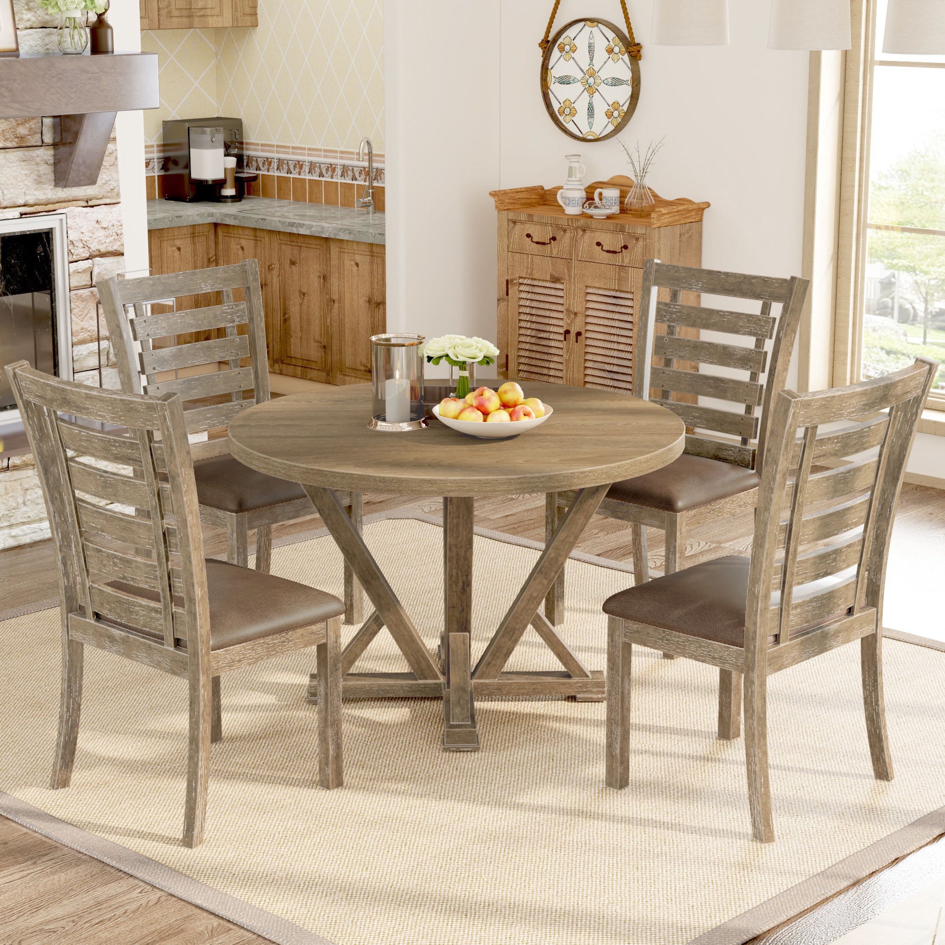 5 Pieces Table Set Round Dining Table Solid Wood Modern Farmhouse Rustic Look Distressed Look - Grayish Brown - Best Buy Furniture