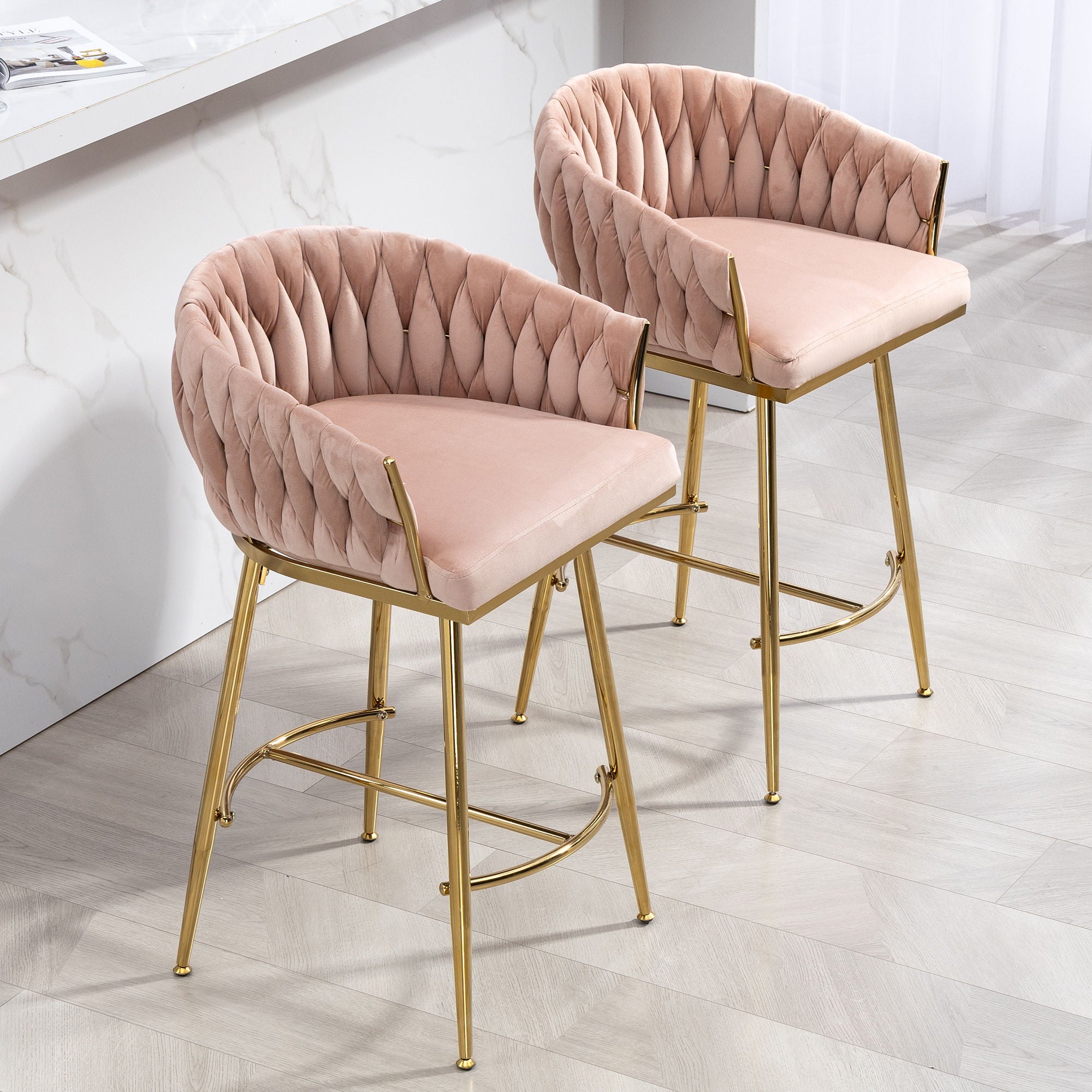 Counter Height Bar Stools Kitchen Island Counter Bar Stool With Hand - Wave Back, Golden Chromed Base And Footrest (Set of 2) - Pink - Best Buy Furniture