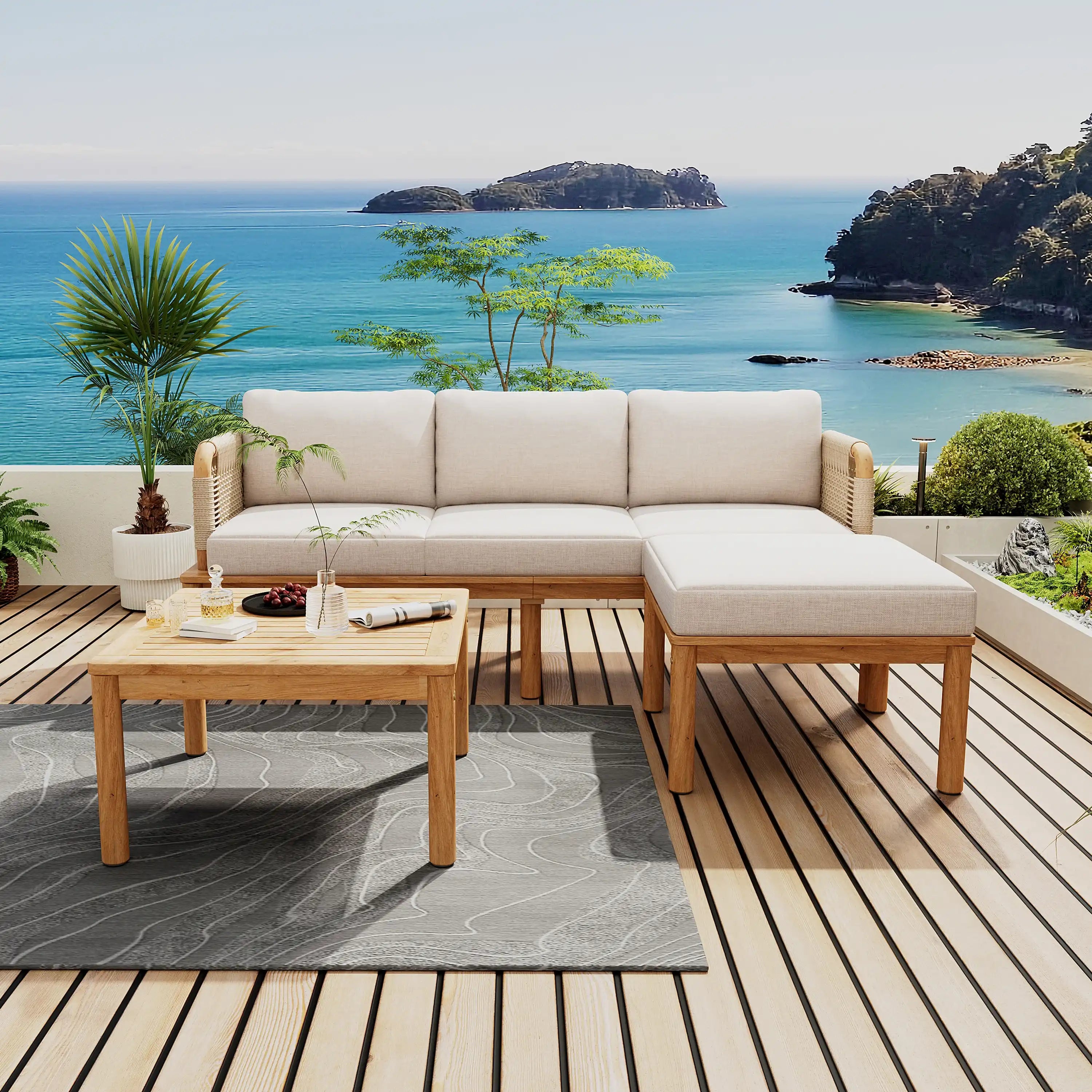 Outdoor 3-piece Acacia Wood and Rope Patio Sofa Set - Best Buy Furniture