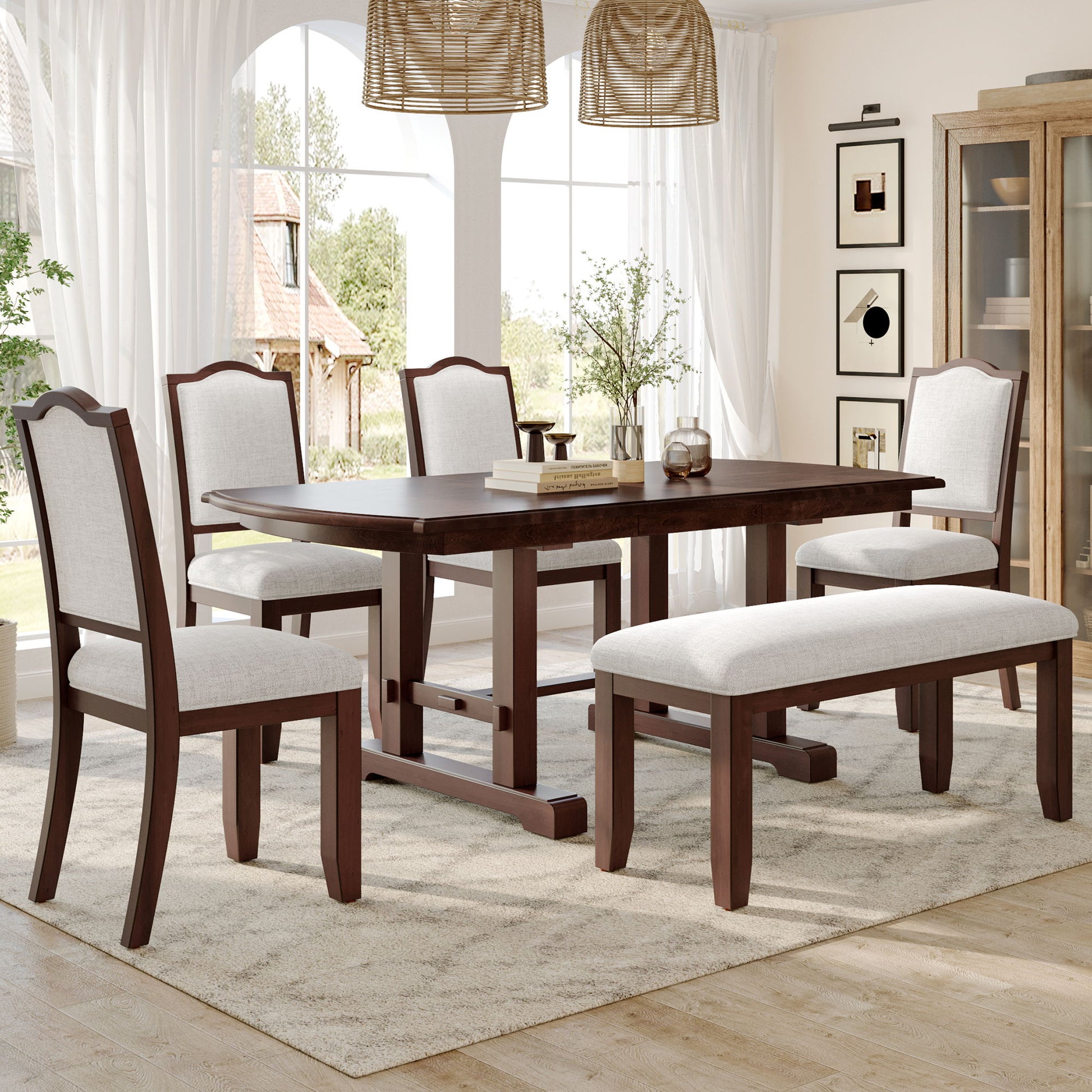 6 Piece Extendable Dining Table Set, Wood Table With Removable Leaf, 4 Upholstered Chairs And Bench - Cherry - Best Buy Furniture