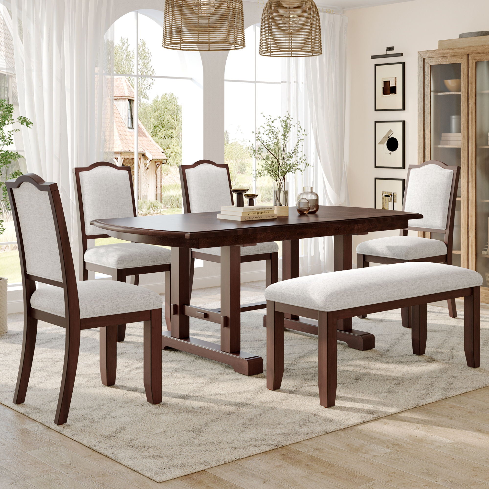 6 Piece Extendable Dining Table Set, Wood Table With Removable Leaf, 4 Upholstered Chairs And Bench - Cherry - Best Buy Furniture