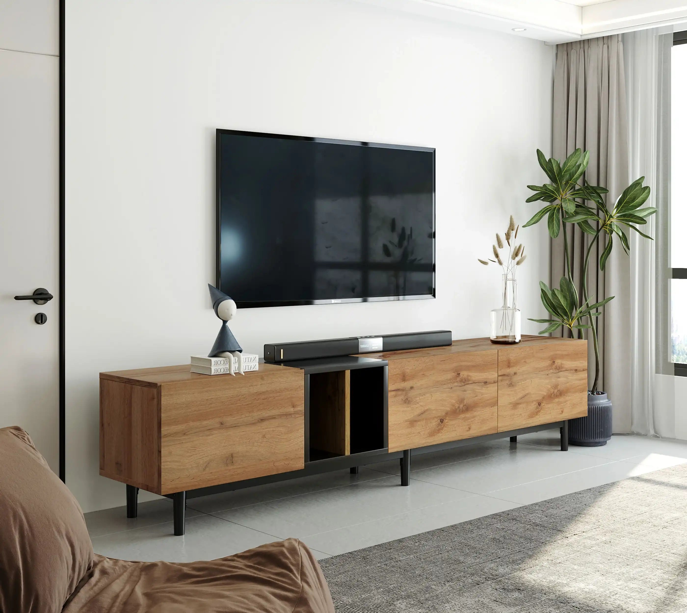 Modern TV Stand 76'' with 3 Doors, Media Console Table, Entertainment Center with Large Storage Cabinet - Best Buy Furniture