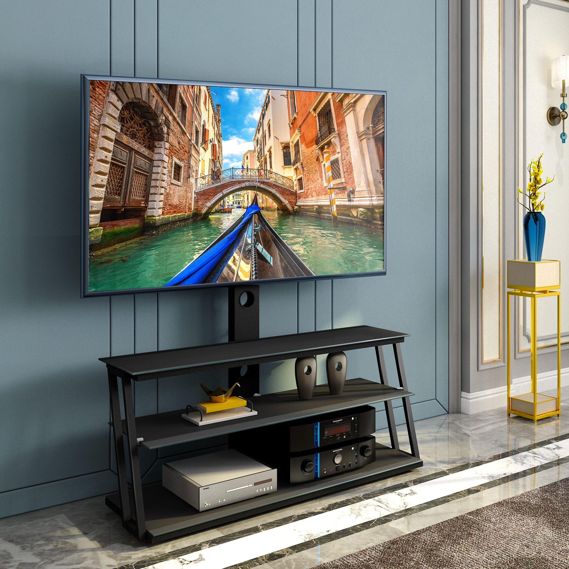 Multi-Function Angle And Height Adjustable Tempered Glass TV Stand - Black - Best Buy Furniture