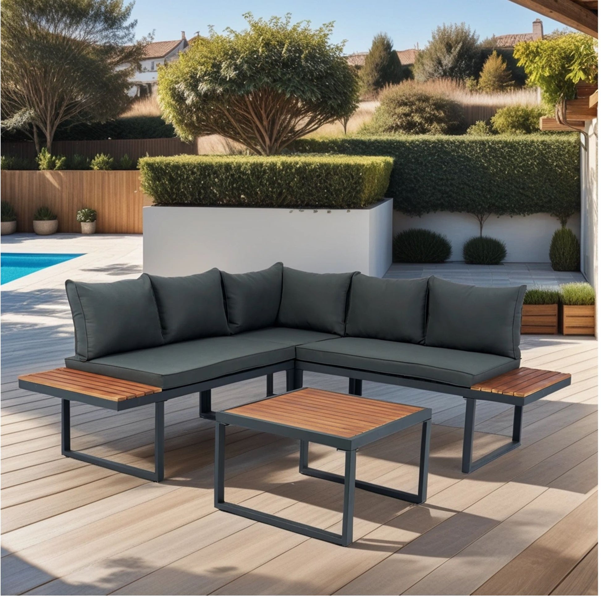 4 Piece L-Shaped Patio Wicker Outdoor 5 Seater Sectional Sofa Seating Group Conversation Sets With Side Table & Cushions - Dark Gray - Best Buy Furniture